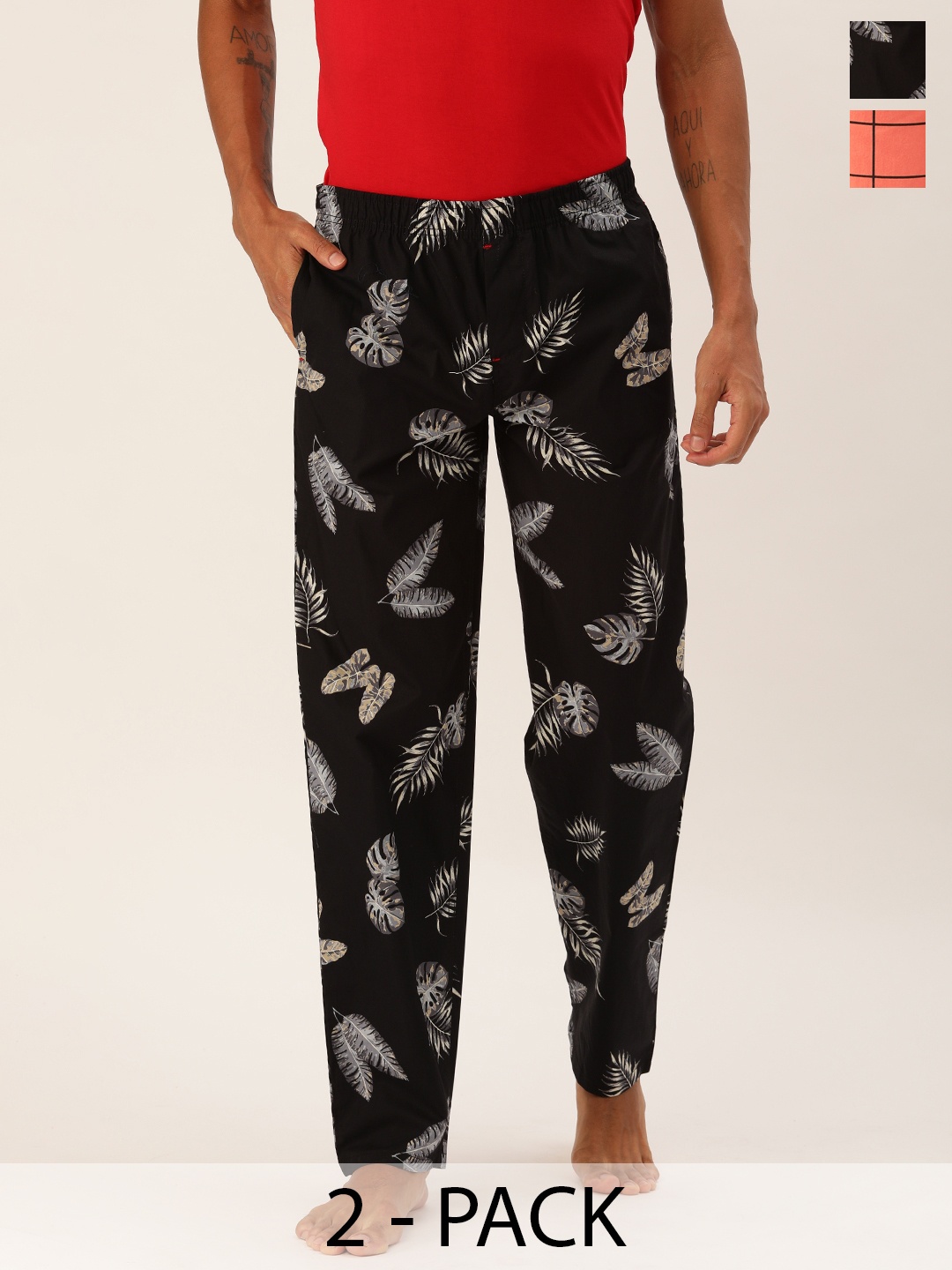 

The Indian Garage Co Pack Of 2 Mid-Rise Printed Cotton Lounge Pants, Black