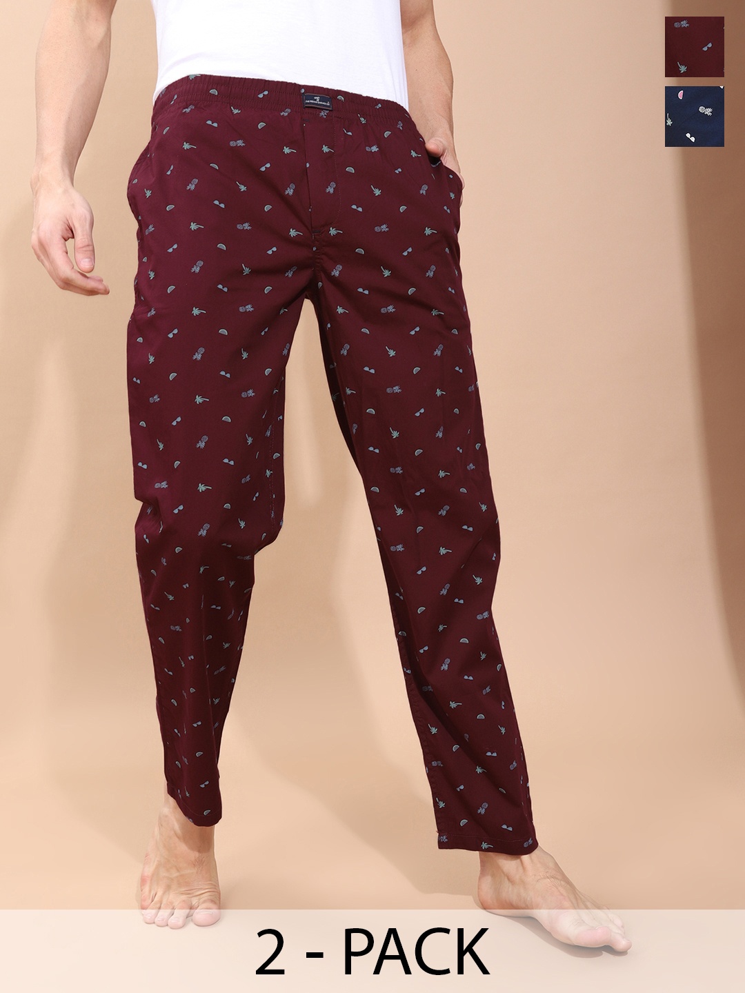 

The Indian Garage Co Men Pack Of 2 Printed Cotton Lounge Pants, Burgundy