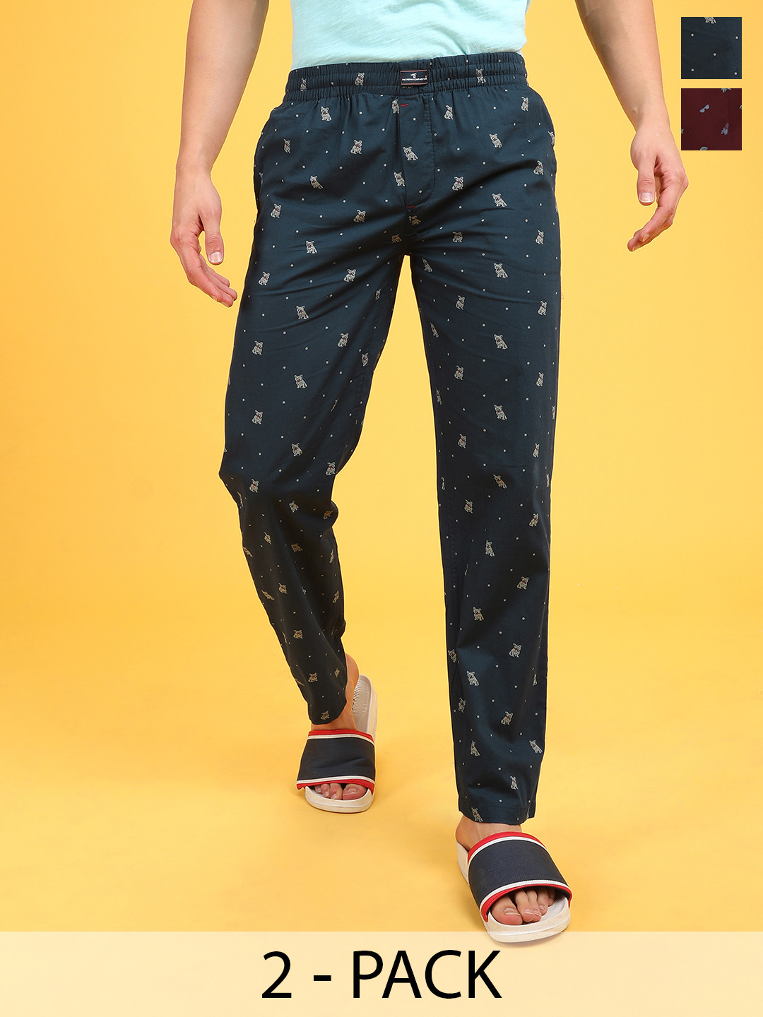 

The Indian Garage Co Men Pack Of 2 Printed Cotton Lounge Pants, Navy blue