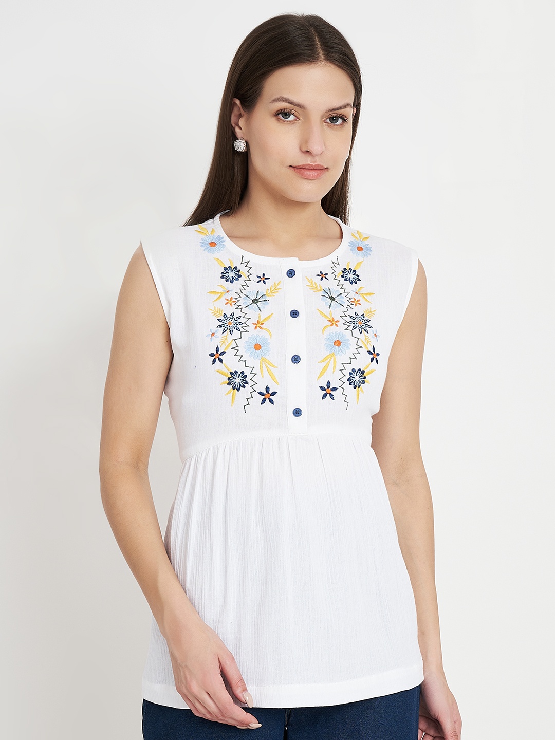 

CHARMGAL Floral Embellished Cotton Top, White