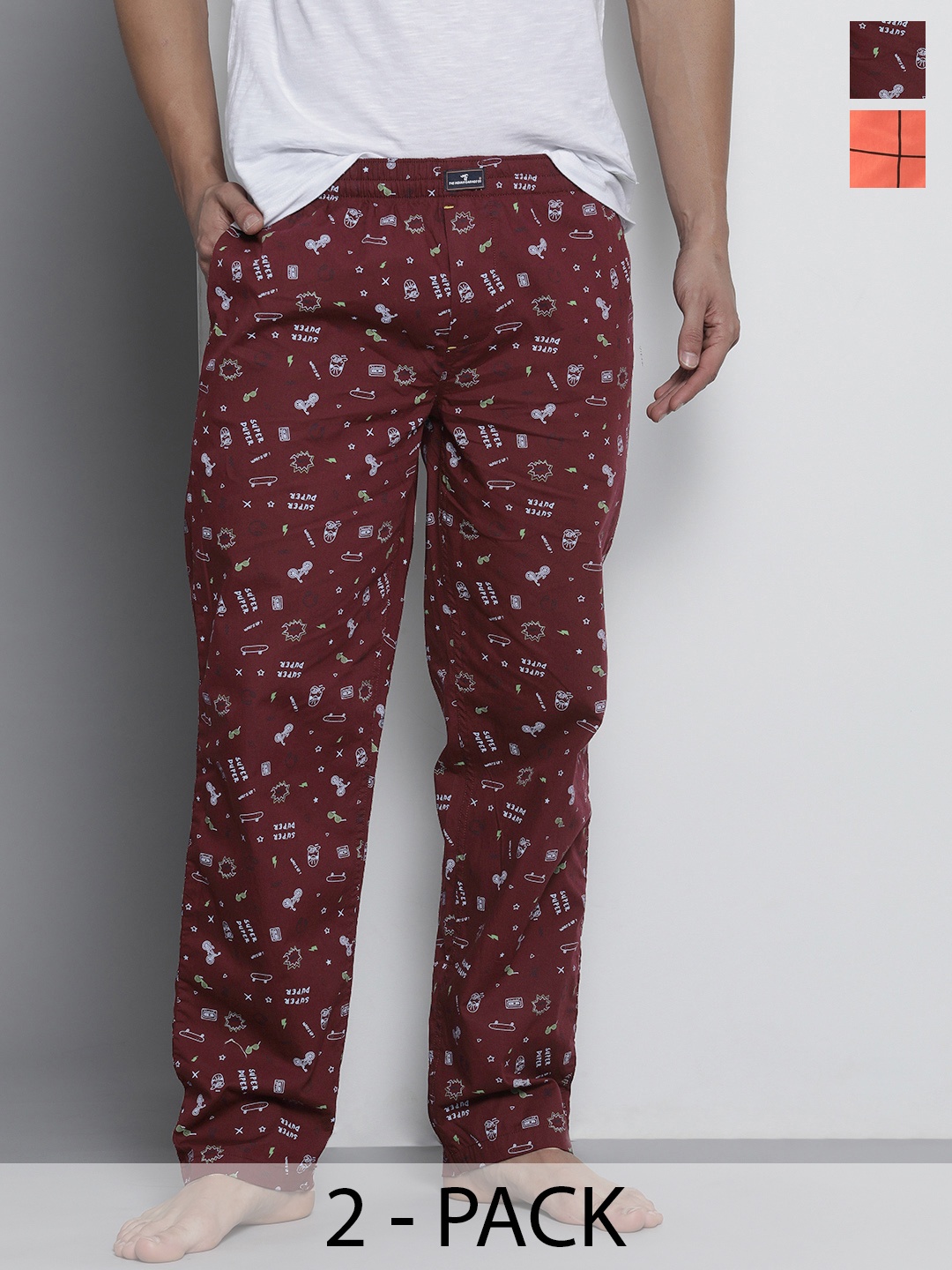 

The Indian Garage Co Men Pack Of 2 Printed Pure Cotton Lounge Pants, Burgundy