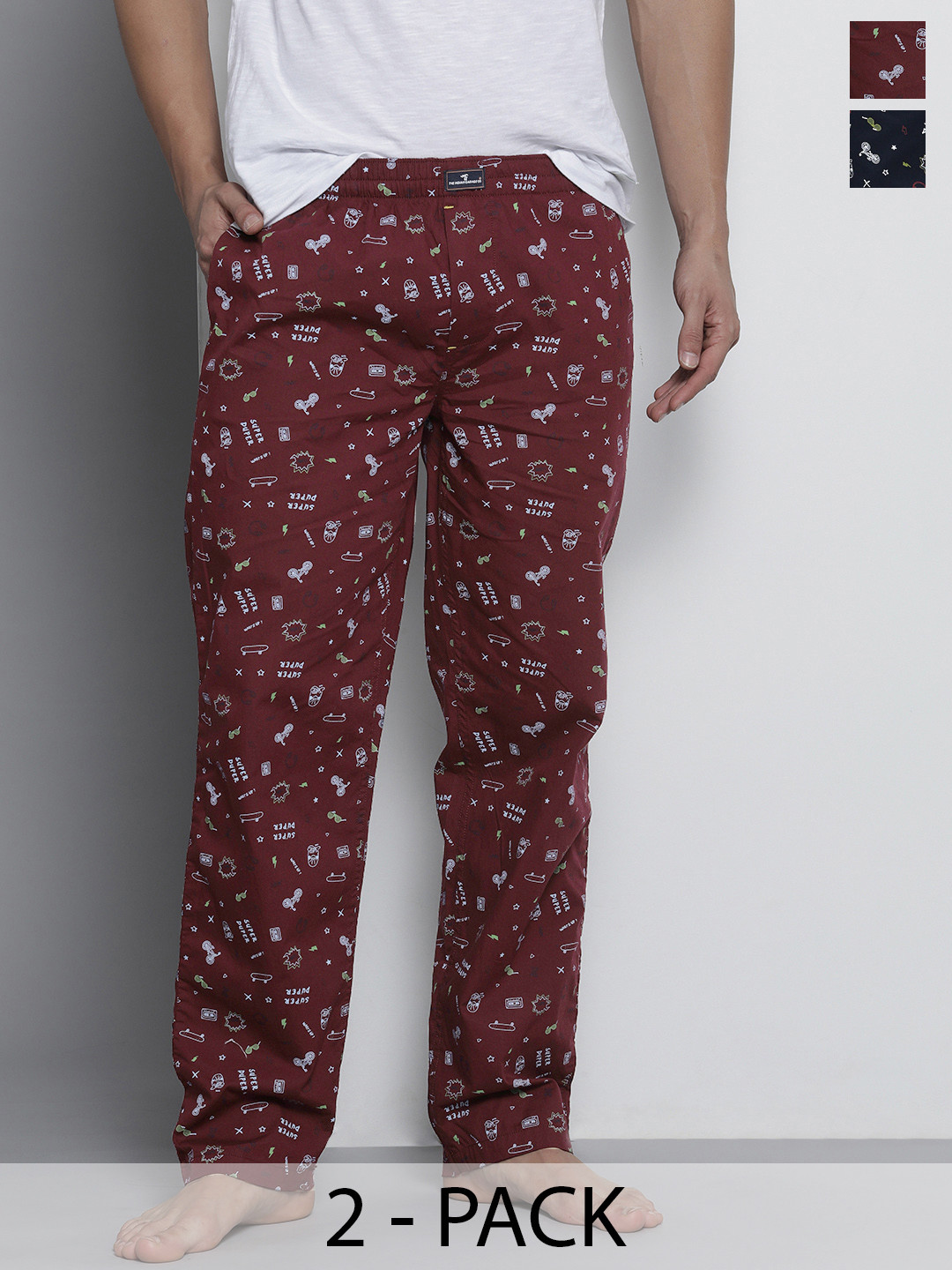 

The Indian Garage Co Men Pack Of 2 Printed Pure Cotton Lounge Pants, Burgundy