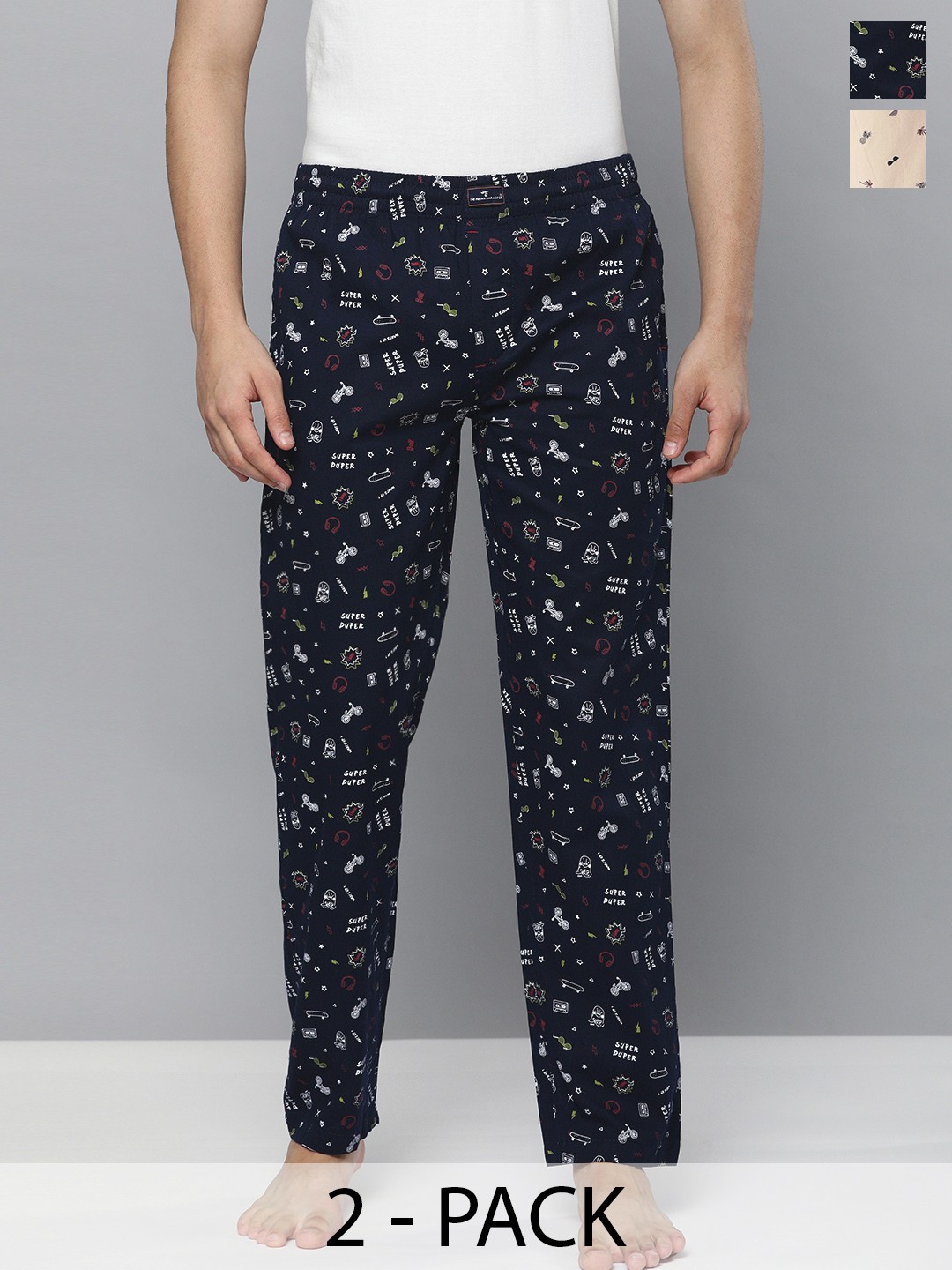 

The Indian Garage Co Men Pack Of 2 Printed Cotton Lounge Pants, Navy blue