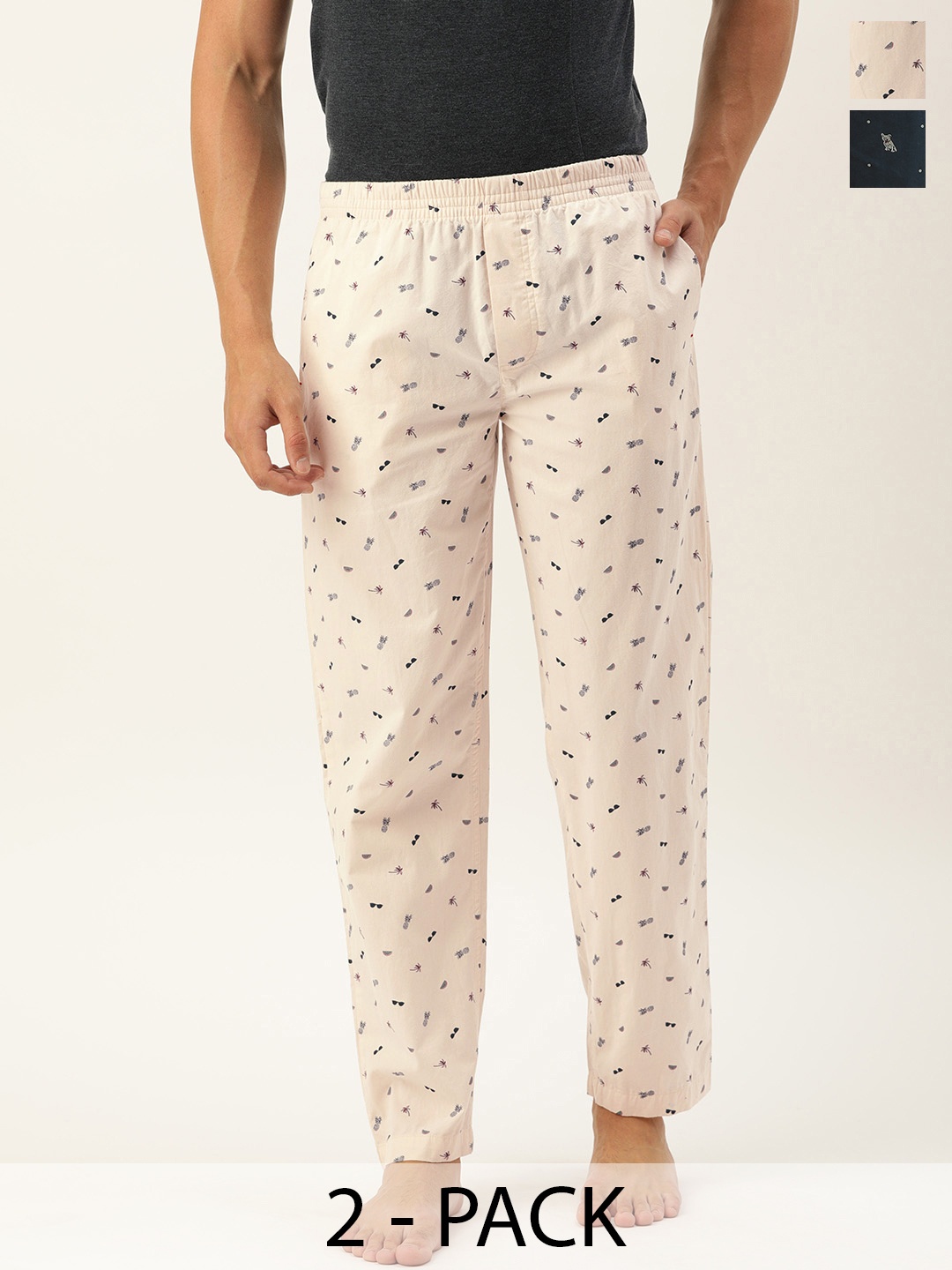 

The Indian Garage Co Men Pack Of 2 Printed Cotton Lounge Pants, Navy blue