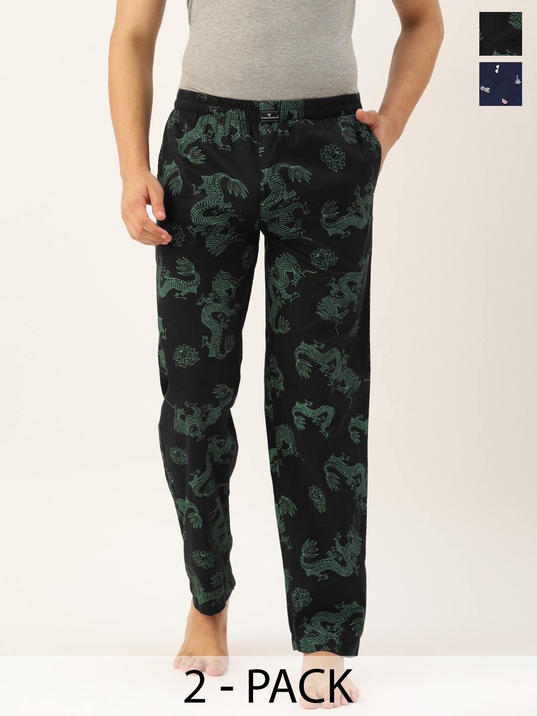 

The Indian Garage Co Men Pack Of 2 Printed Cotton Lounge Pants, Black