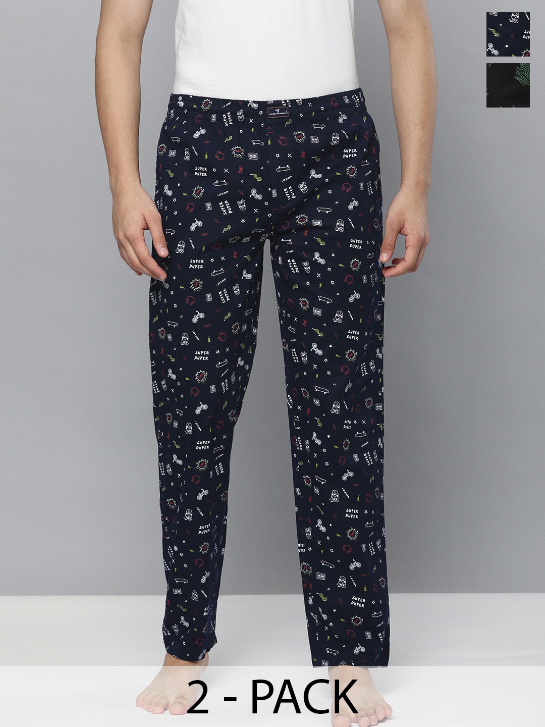 

The Indian Garage Co Men Pack Of 2 Printed Pure Cotton Lounge Pants, Navy blue