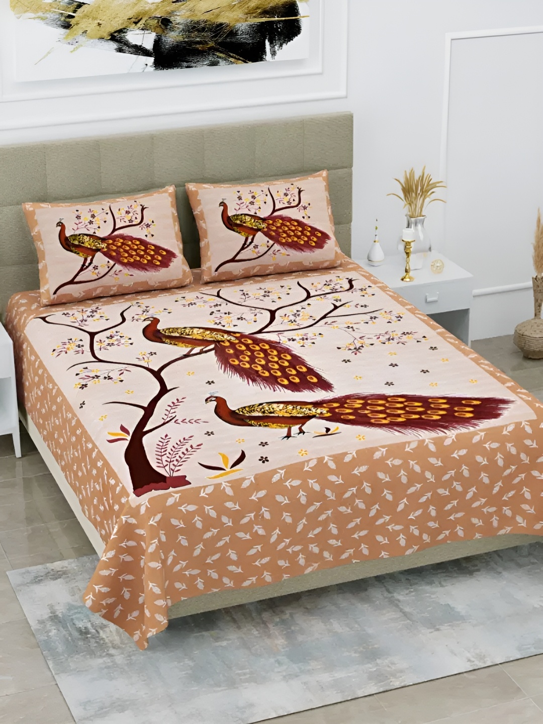 

LIVING ROOTS Double Queen Size Jaipur Block Print Cotton Double Bedsheet & 2 Pillow Covers, Beige