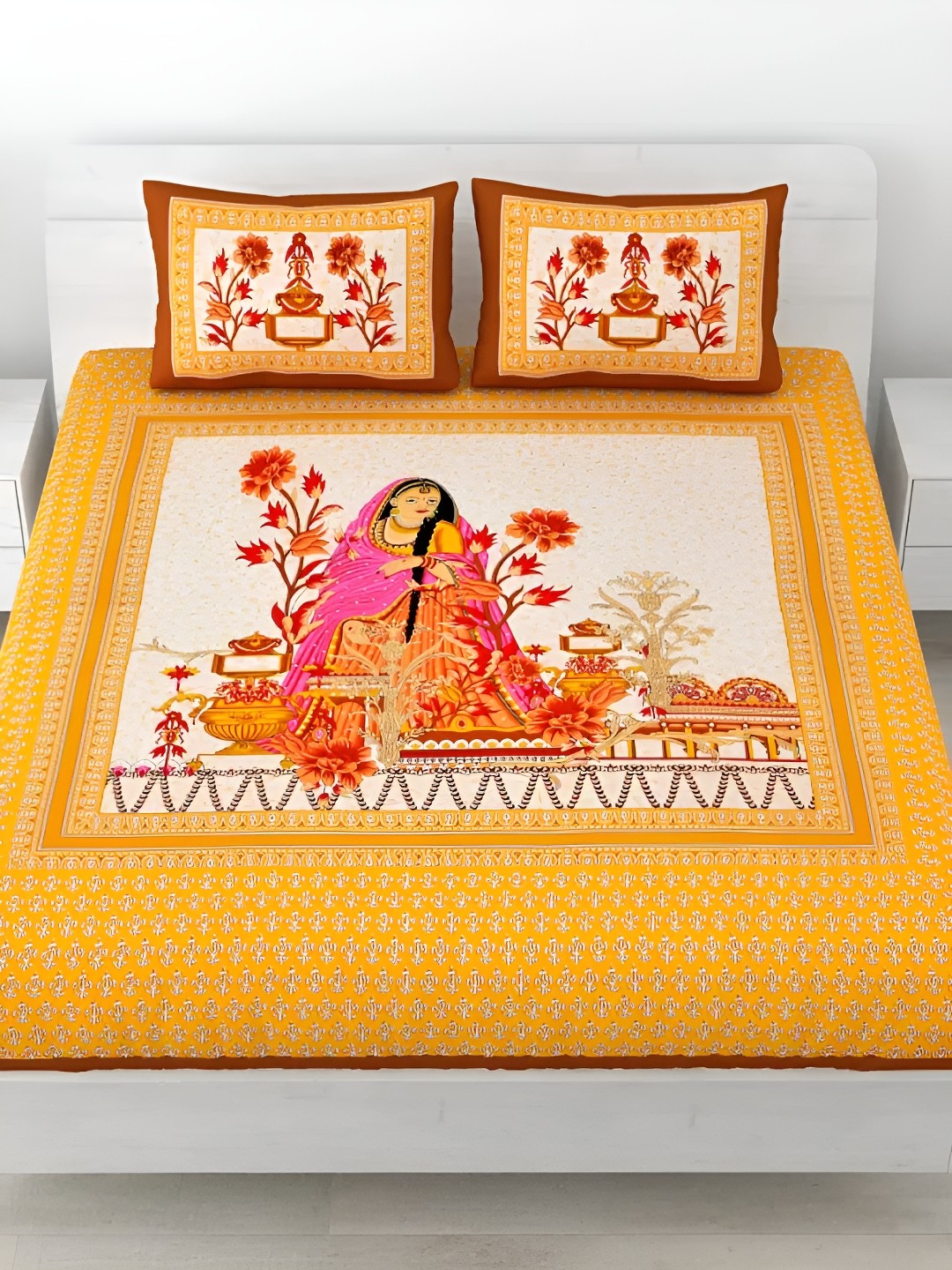 

LIVING ROOTS Double Queen Size Jaipur Block Print Cotton Double Bedsheet & 2 Pillow Covers, Yellow