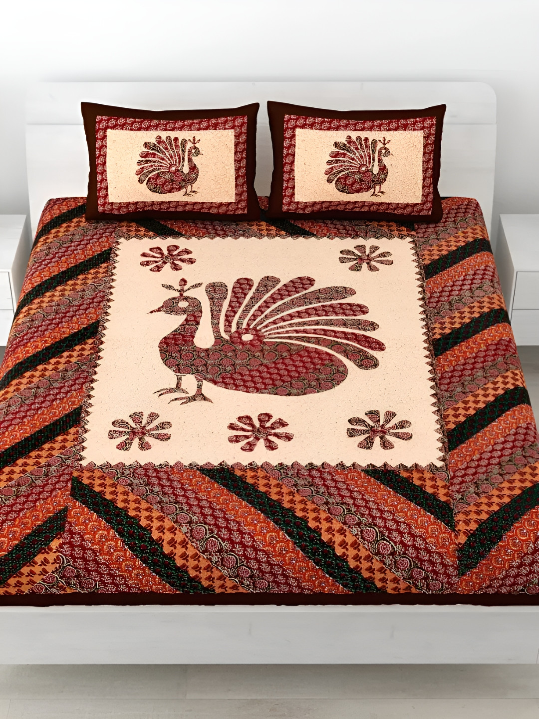 

LIVING ROOTS Double Queen Size Jaipur Block Print Cotton Double Bedsheet & 2 Pillow Covers, Brown