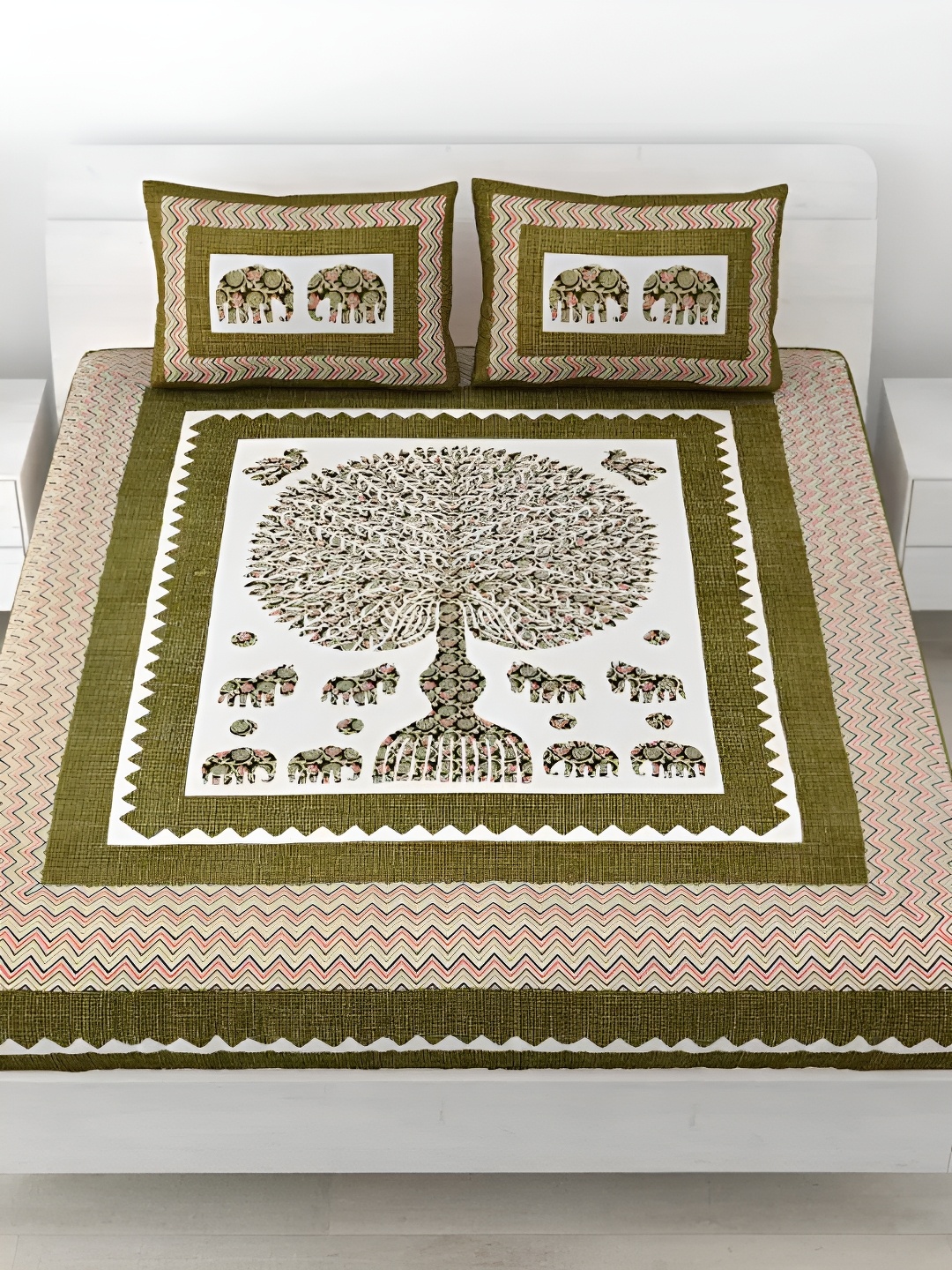 LIVING ROOTS Double Queen Size Jaipur Block Print Cotton Double Bedsheet & 2 Pillow Covers, Green