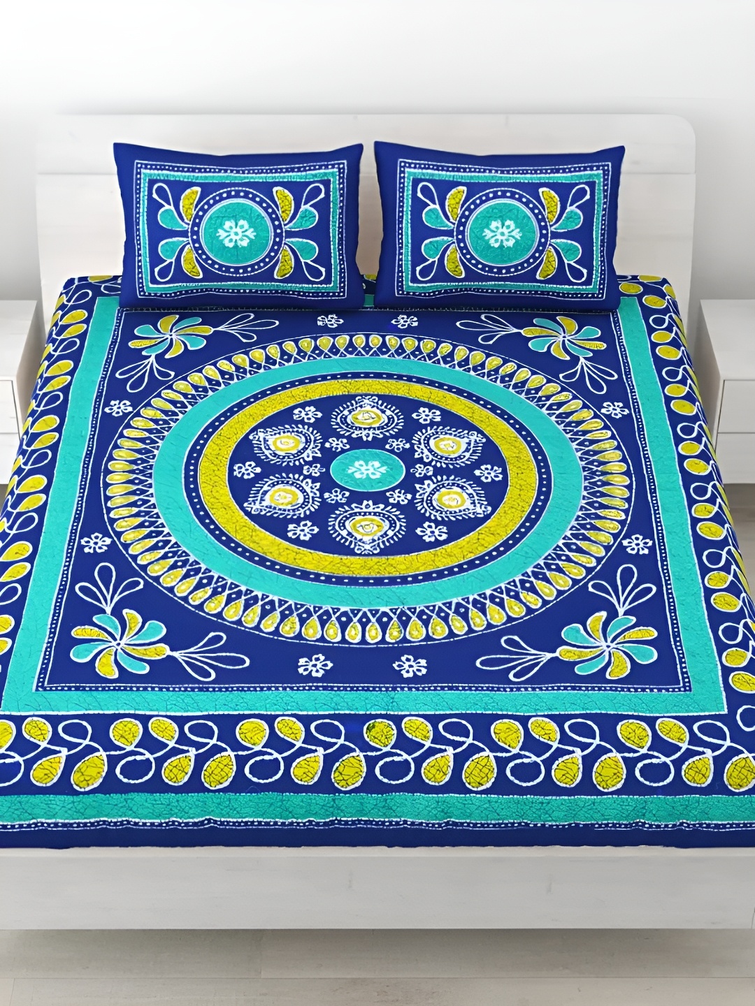 

LIVING ROOTS Double Queen Size Jaipur Block Print Cotton Double Bedsheet & 2 Pillow Covers, Blue