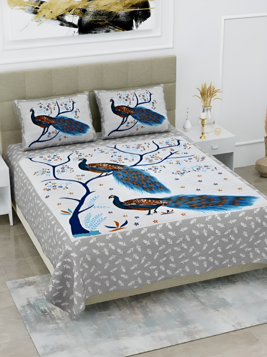 

LIVING ROOTS Blue & White 144 TC Pure Cotton Queen Bedsheet with 2 Pillow Covers