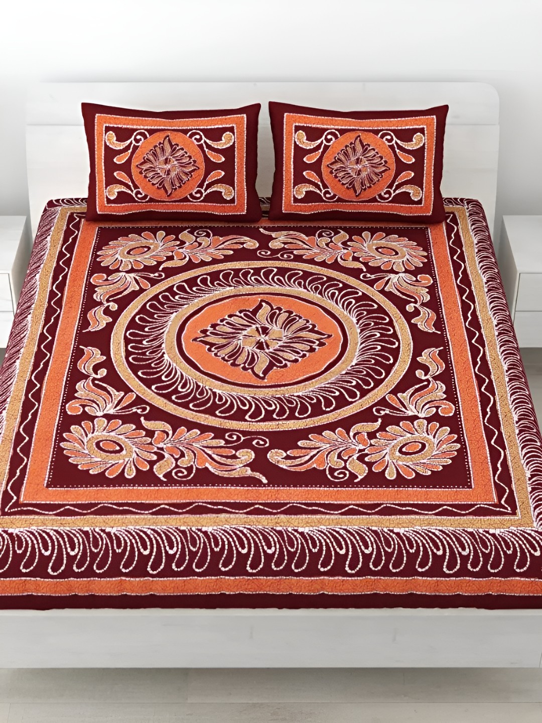 

LIVING ROOTS Double Queen Size Jaipur Block Print Cotton Double Bedsheet & 2 Pillow Covers, Maroon