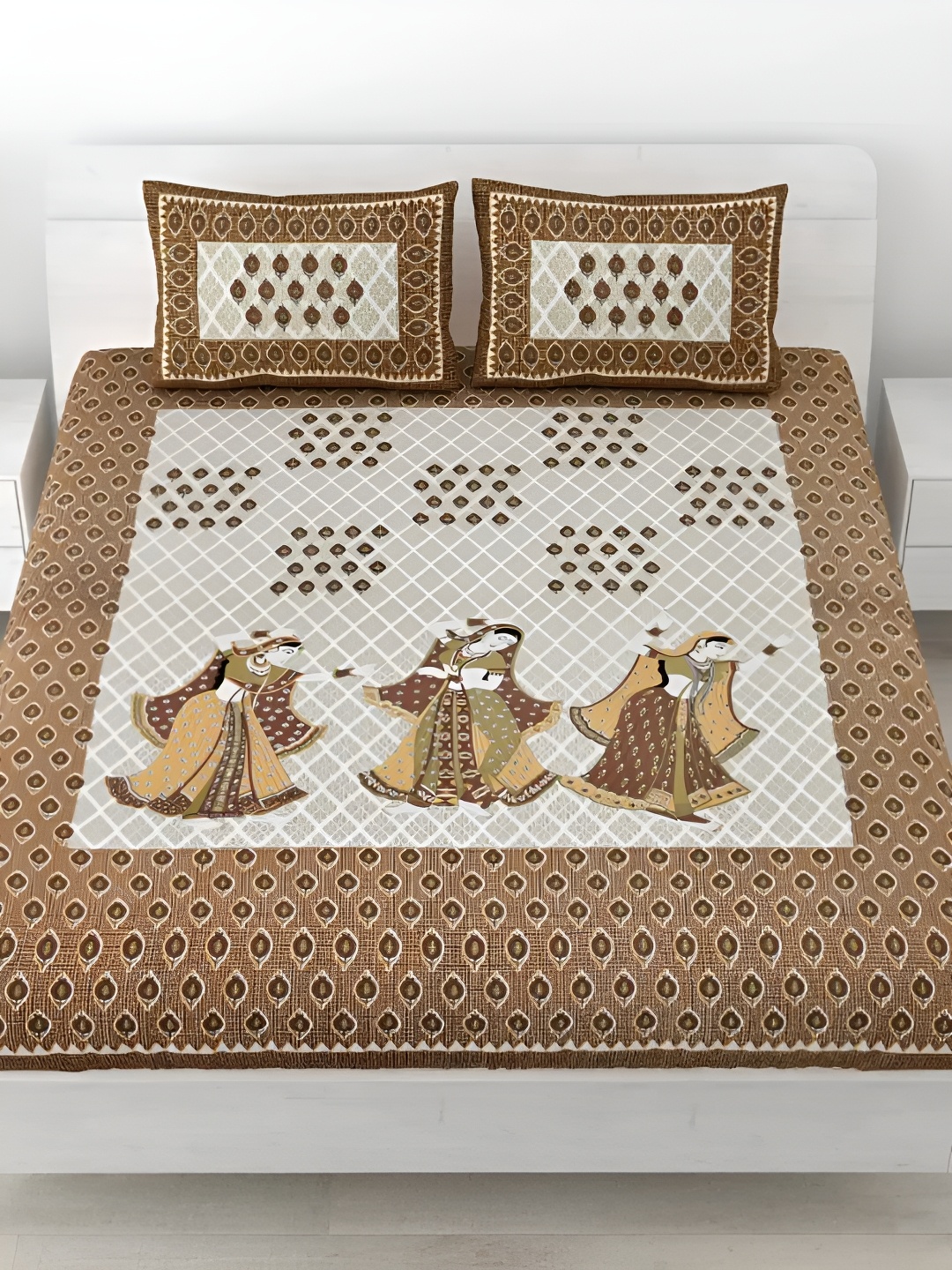 

LIVING ROOTS Double Queen Size Jaipur Block Print Cotton Double Bedsheet & 2 Pillow Covers, Beige