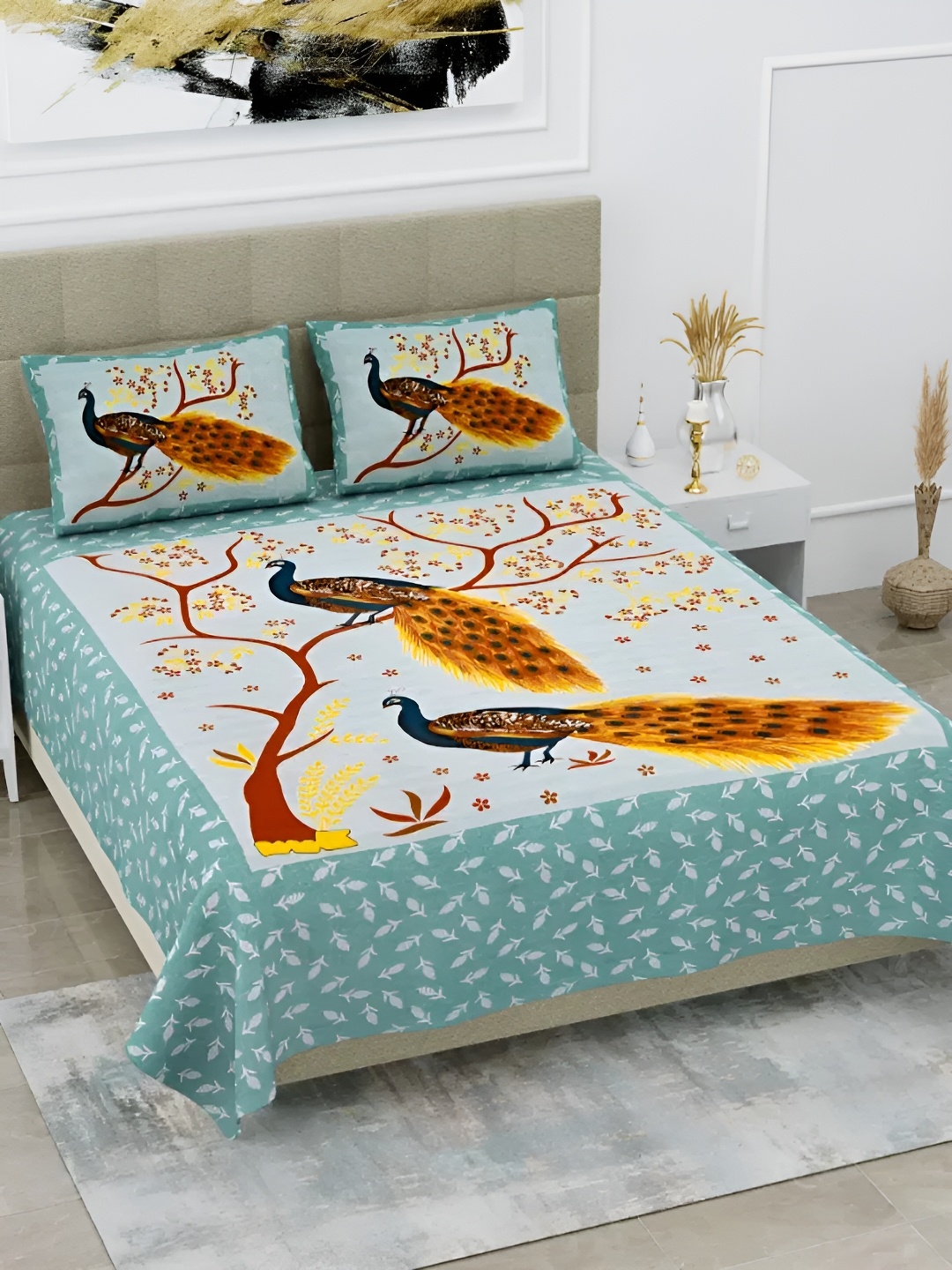 

LIVING ROOTS Double Queen Size Jaipur Block Print Cotton Double Bedsheet & 2 Pillow Covers, Green