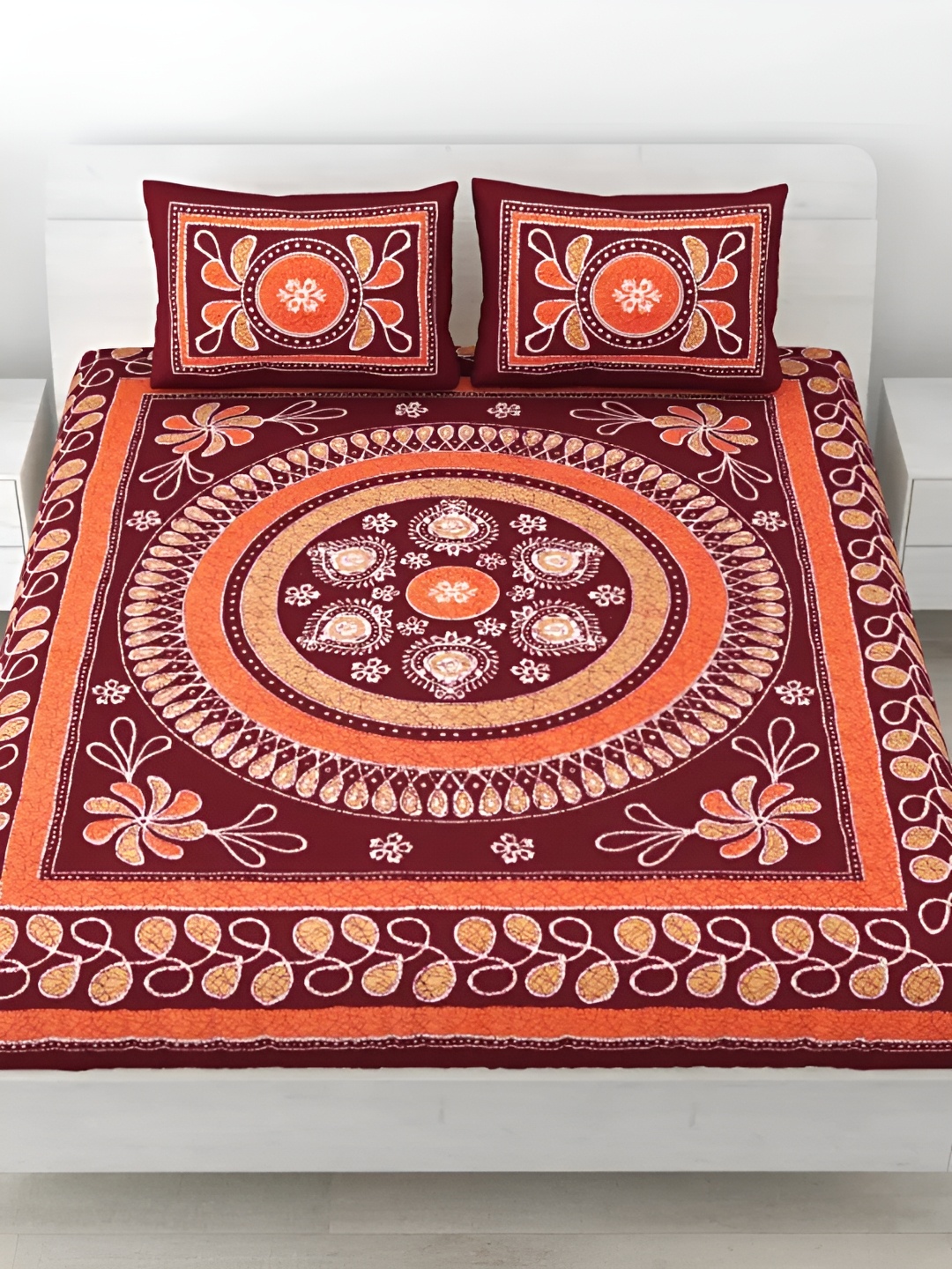 

LIVING ROOTS Double Queen Size Jaipur Block Print Cotton Double Bedsheet & 2 Pillow Covers, Maroon