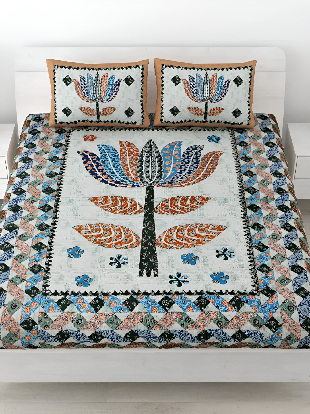 

LIVING ROOTS Double Queen Size Jaipur Block Print Cotton Double Bedsheet & 2 Pillow Covers, Blue