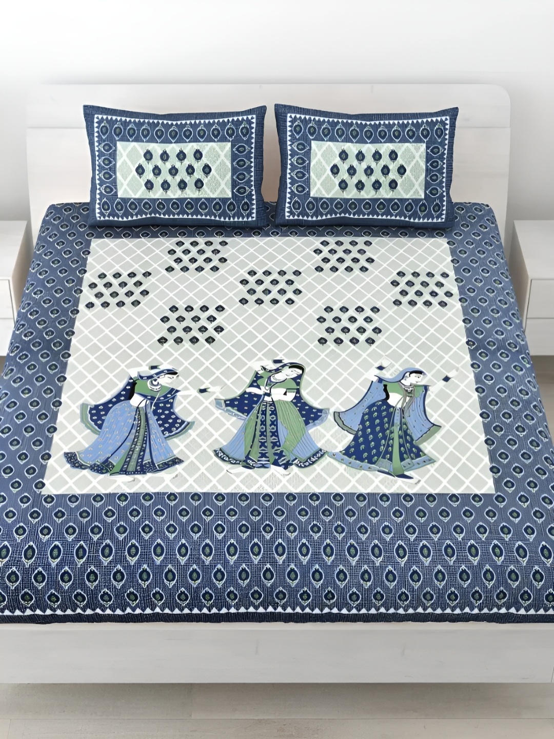 

LIVING ROOTS Double Queen Size Jaipur Block Print Cotton Double Bedsheet & 2 Pillow Covers, Blue