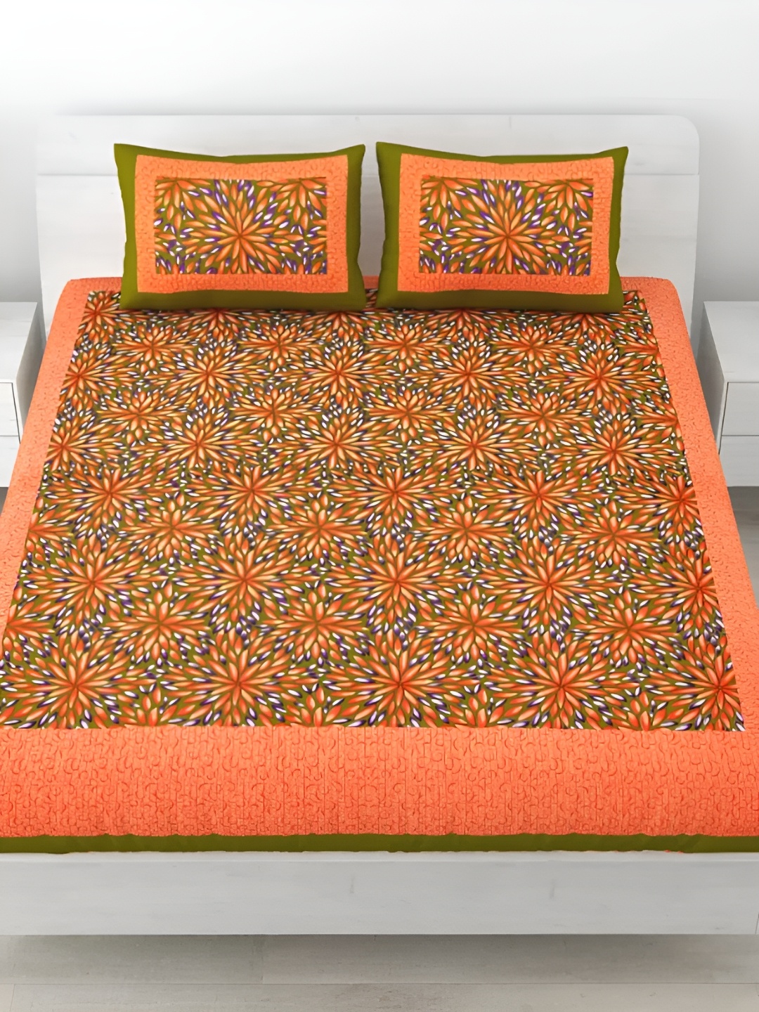 

LIVING ROOTS Double Queen Size Jaipur Block Print Cotton Double Bedsheet & 2 Pillow Covers, Green