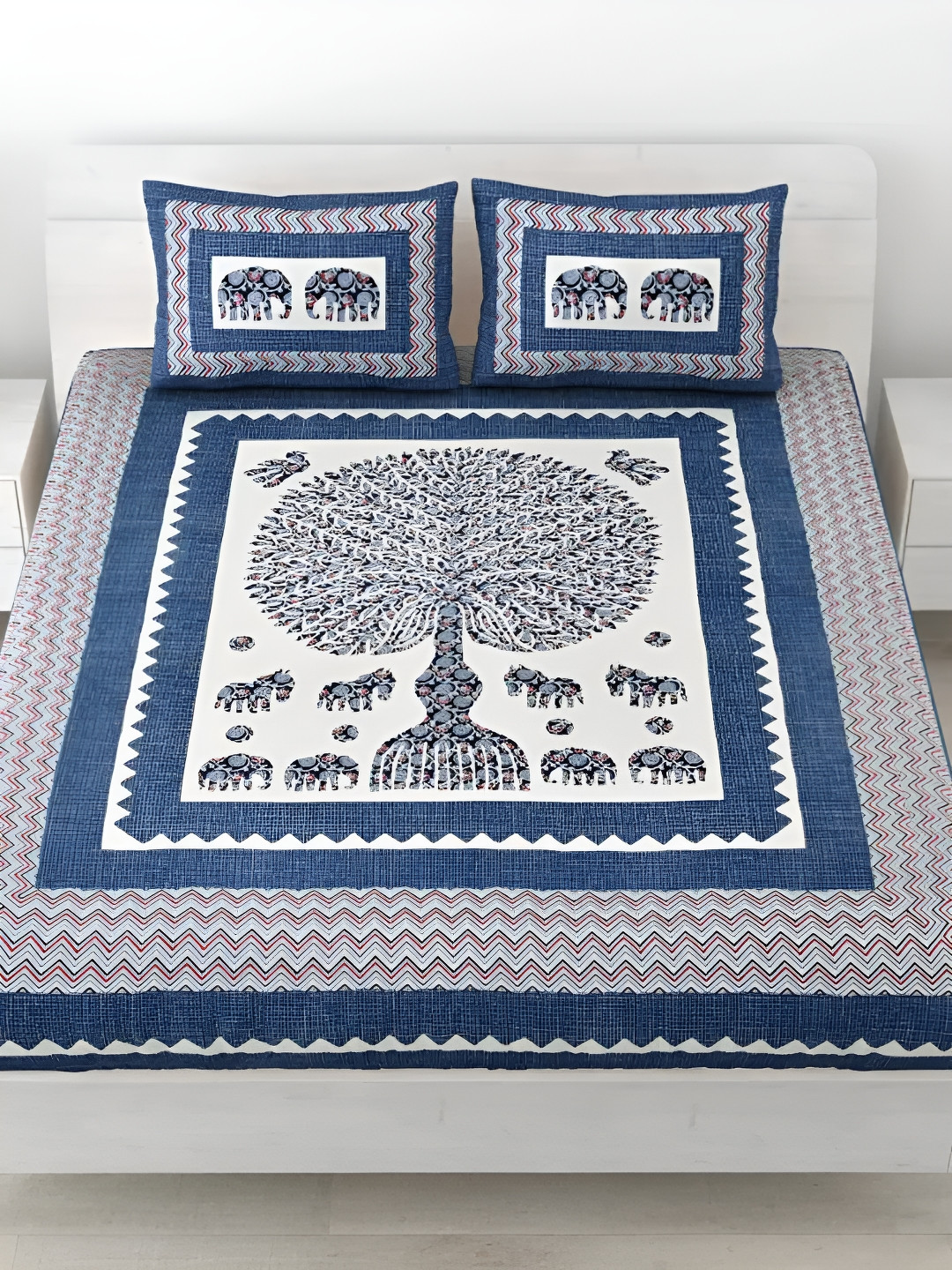 

LIVING ROOTS Double Queen Size Jaipur Block Print Cotton Double Bedsheet & 2 Pillow Covers, Blue