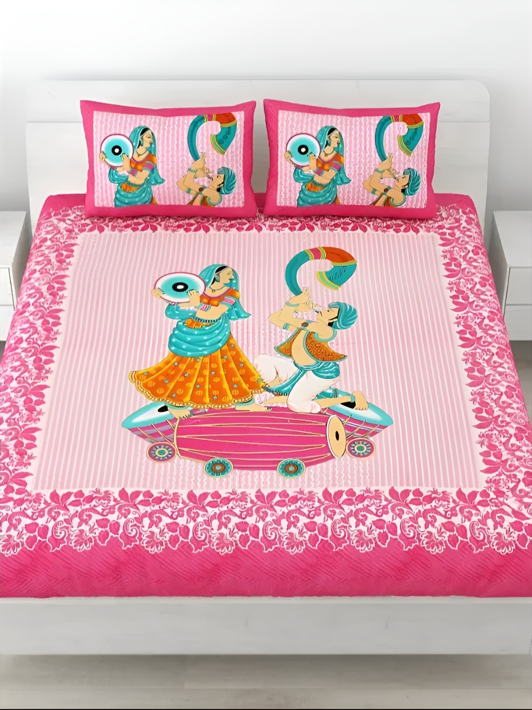 

LIVING ROOTS Double Queen Size Jaipur Block Print Cotton Double Bedsheet & 2 Pillow Covers, Pink