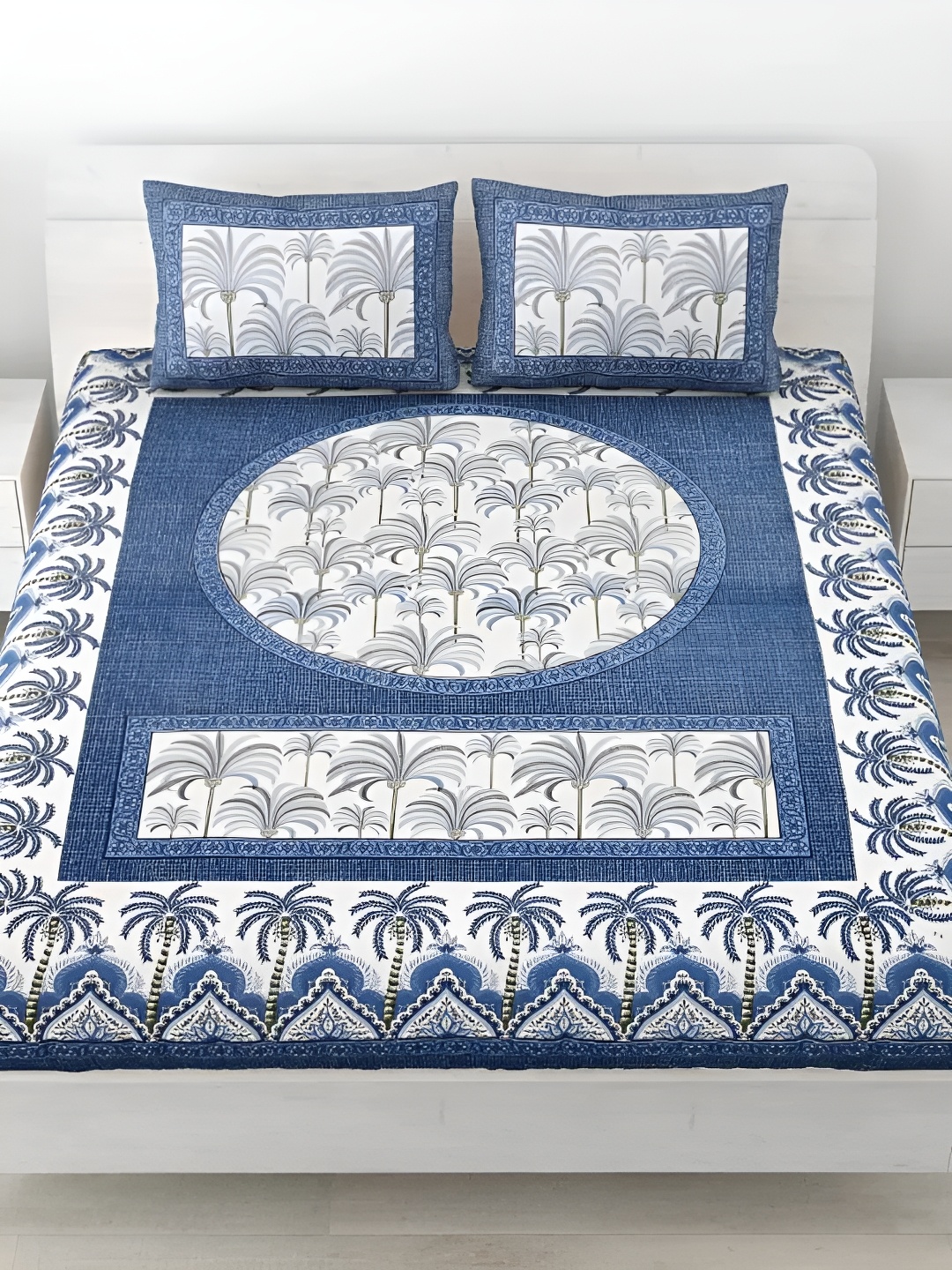 

LIVING ROOTS Double Queen Size Jaipur Block Print Cotton Double Bedsheet & 2 Pillow Covers, Blue