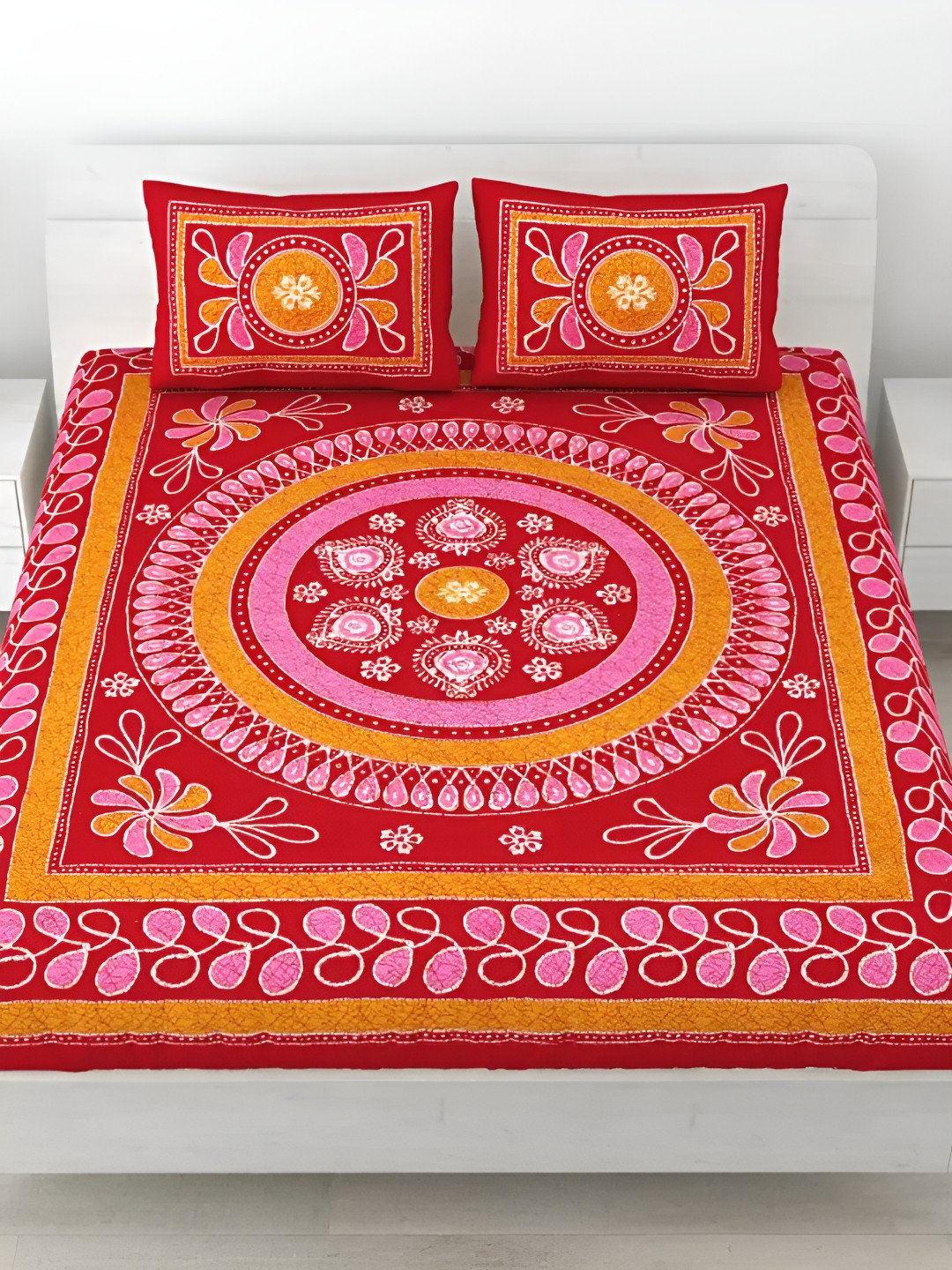 

LIVING ROOTS Double Queen Size Jaipur Block Print Cotton Double Bedsheet & 2 Pillow Covers, Red