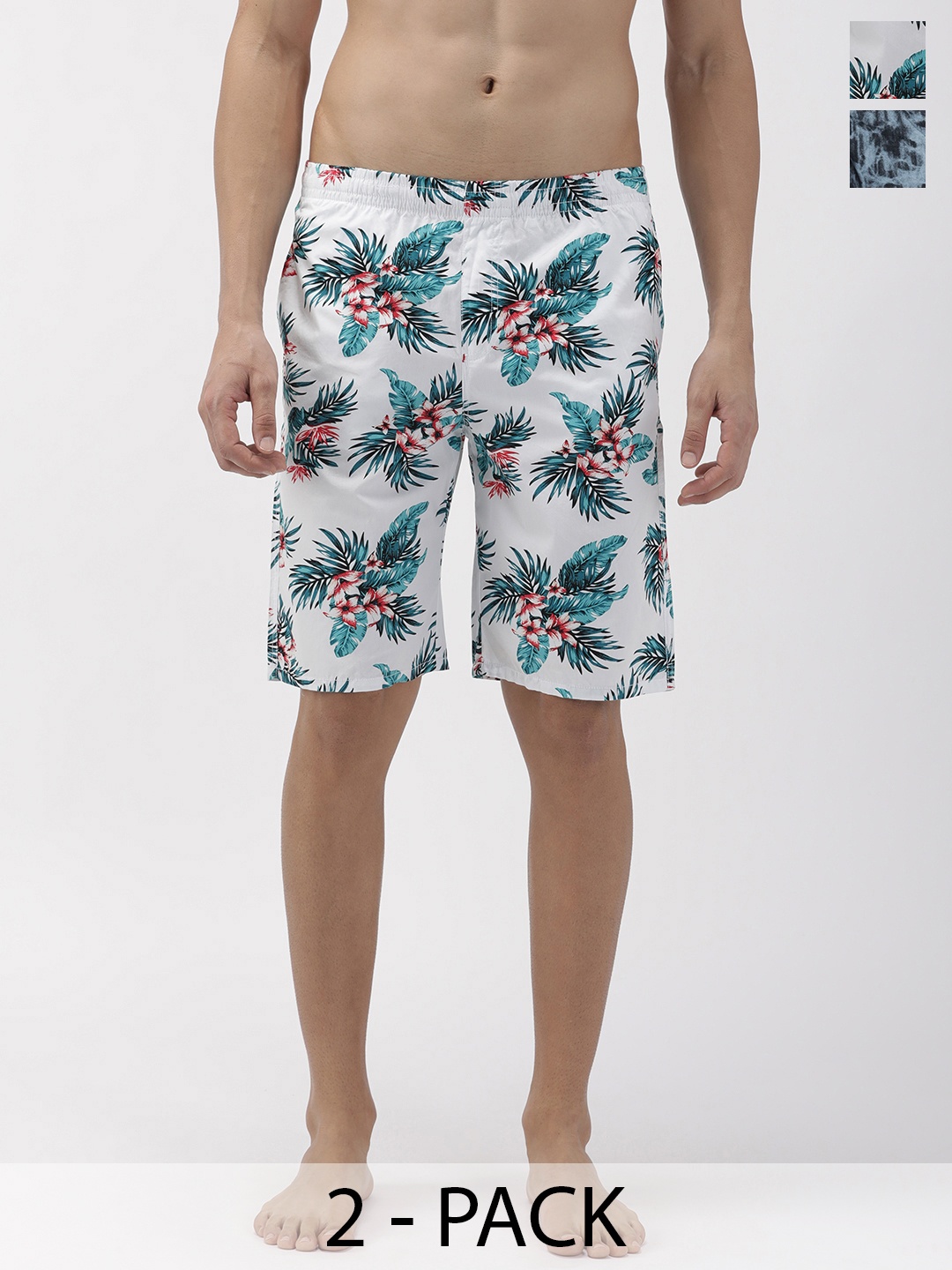 

The Indian Garage Co Men Pack Of 2 Printed Cotton Lounge Shorts, White