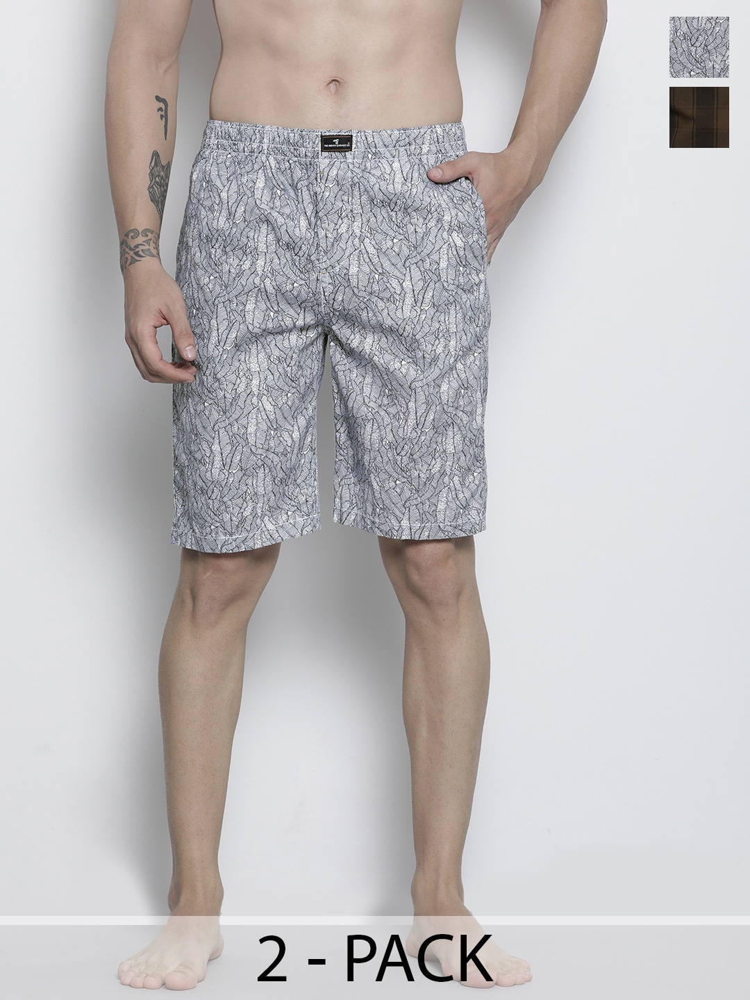 

The Indian Garage Co Men Pack Of 2 Printed Cotton Lounge Shorts, Navy blue