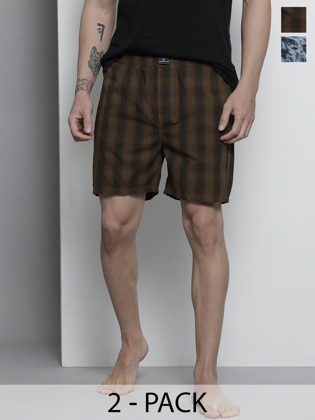 

The Indian Garage Co Men Pack Of 2 Printed Cotton Lounge Shorts, Olive
