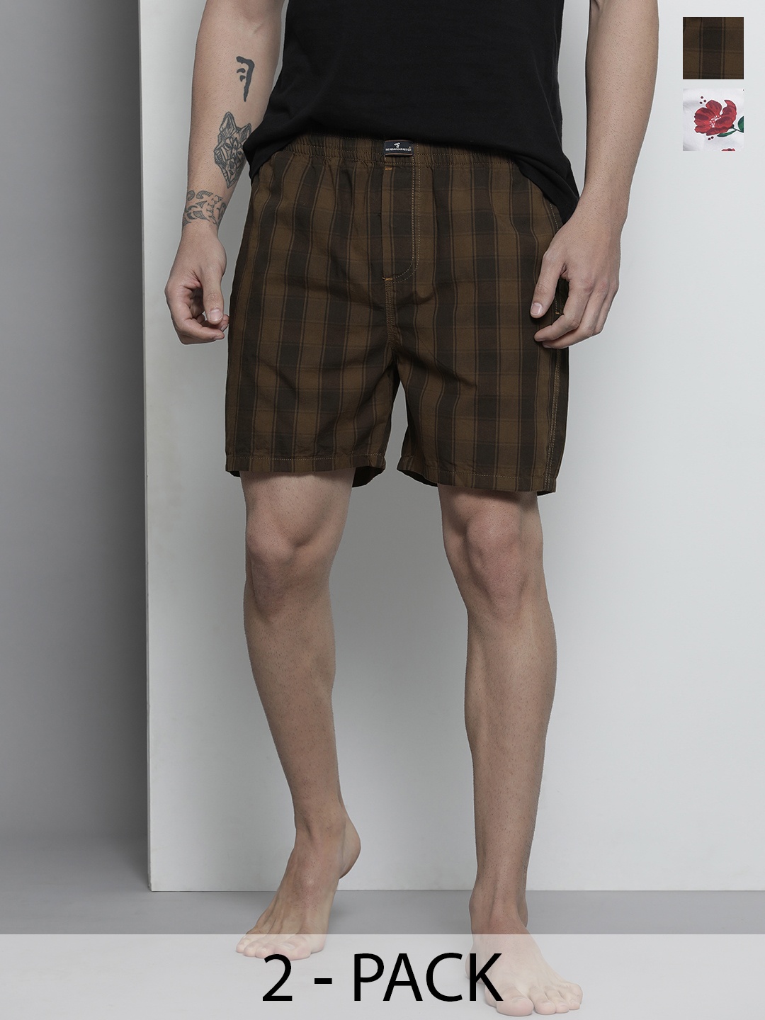 

The Indian Garage Co Men Pack Of 2 Printed Cotton Lounge Shorts, Olive