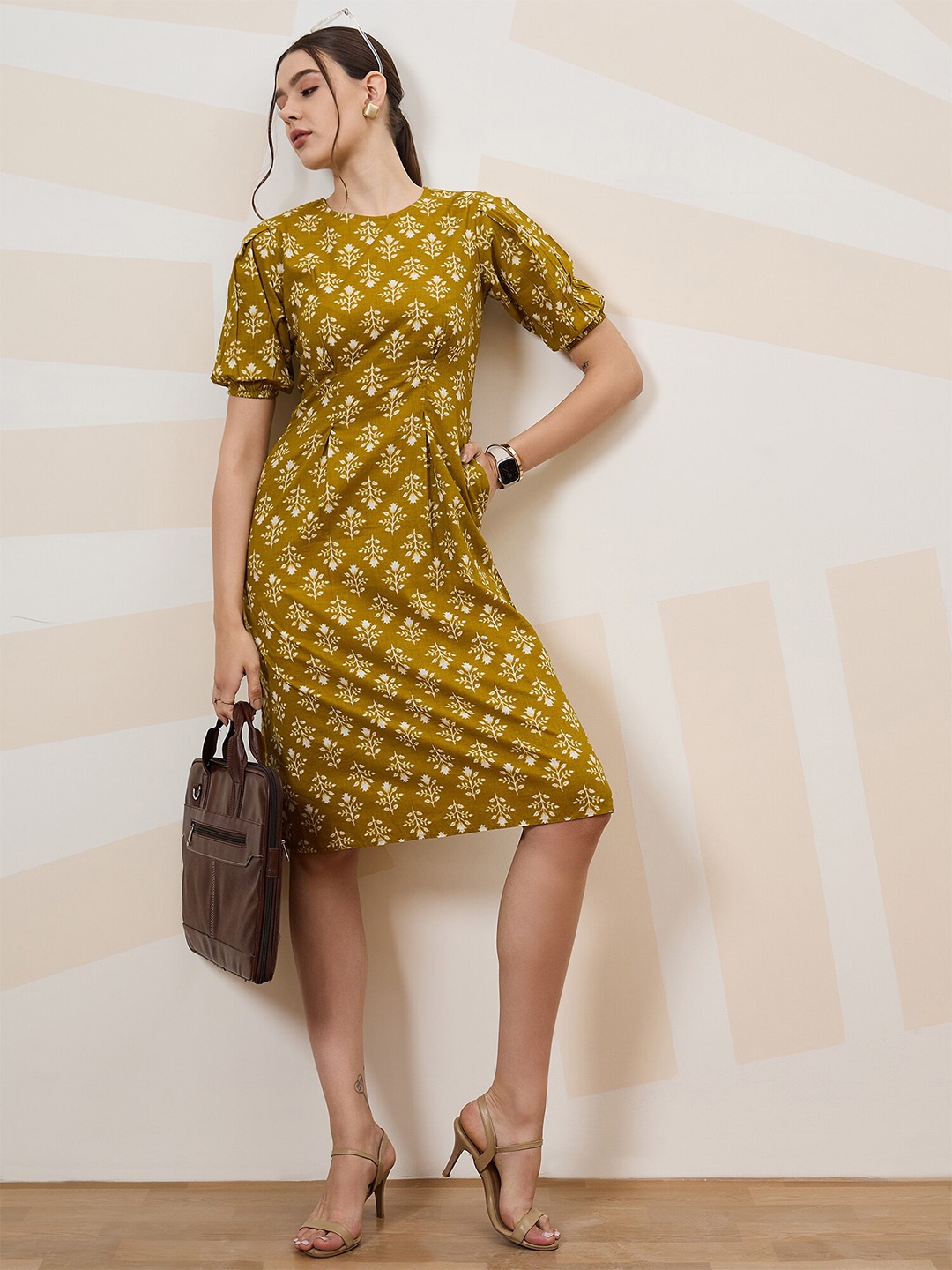 

Athena Immutable Floral Print Puff Sleeves Formal A-Line Dress, Brown