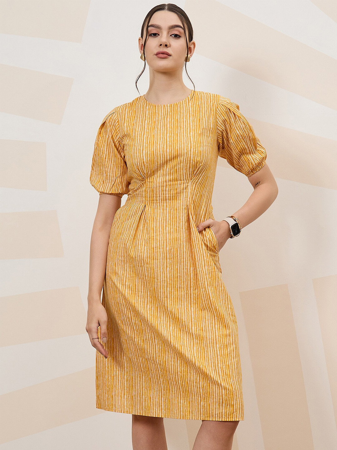

Athena Immutable Striped Puff Sleeve Formal A-Line Dress, Yellow