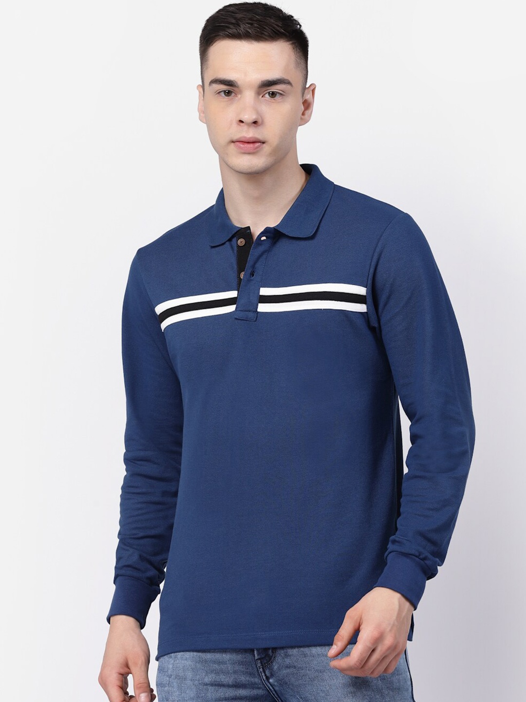 

Kalt Striped Polo Collar Long Sleeves Cotton Casual T-shirt, Blue