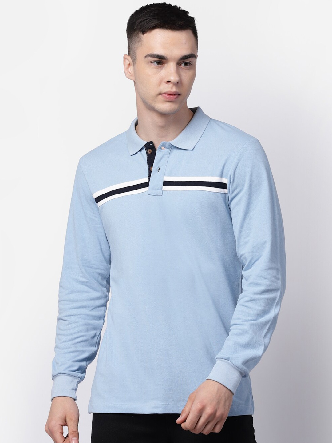 

Kalt Polo Collar Long Sleeves Cotton Casual T-shirt, Blue