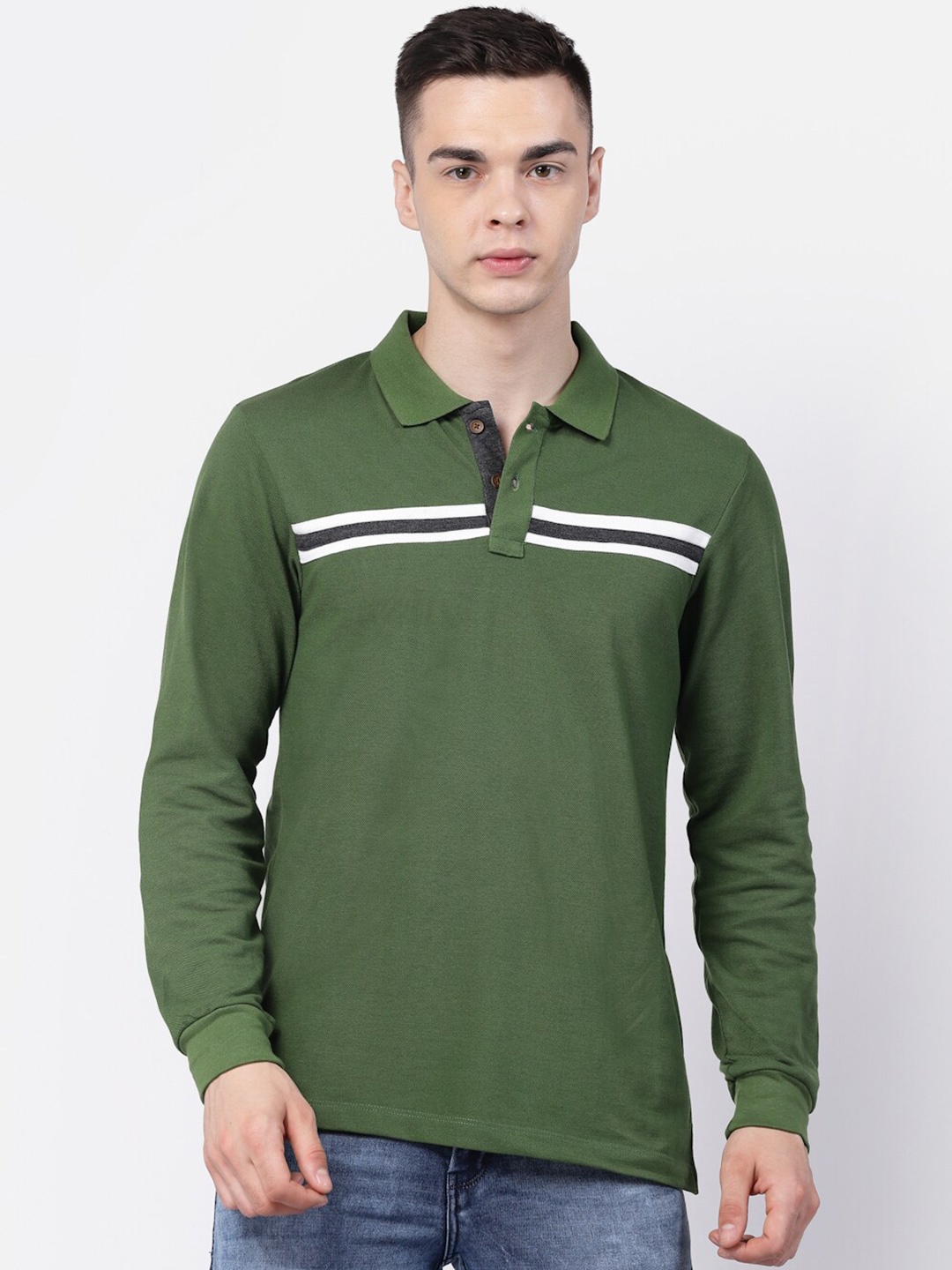 

Kalt Striped Polo Collar Long Sleeves Cotton Casual T-shirt, Green