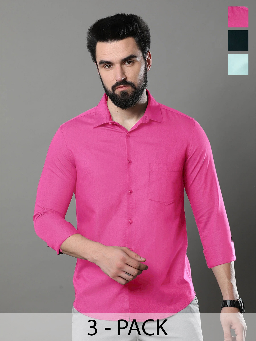 

Ethnic basket Pack Of 3 Standard Spread Collar Long Sleeves Cotton Casual Shirt, Pink