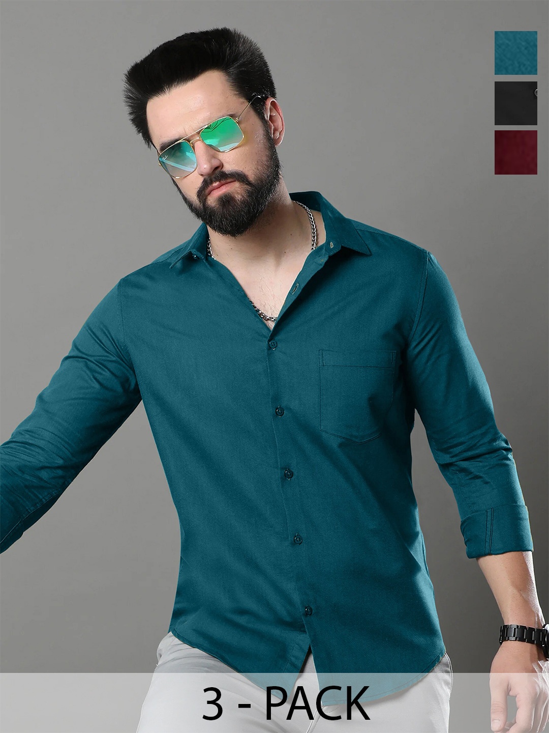 

Ethnic basket Pack Of 3 Standard Spread Collar Opaque Pure Cotton Casual Shirts, Green