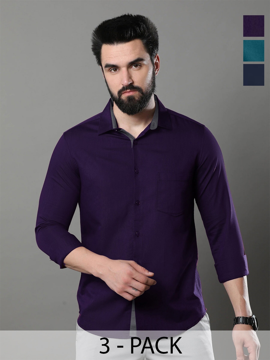 

Ethnic basket Pack Of 3 Standard Spread Collar Opaque Casual Shirts, Violet