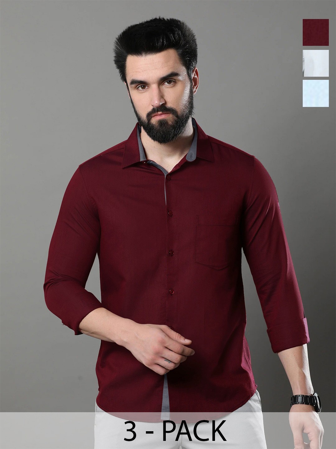 

Ethnic basket Pack Of 3 Standard Spread Collar Long Sleeves Casual Shirts, Maroon