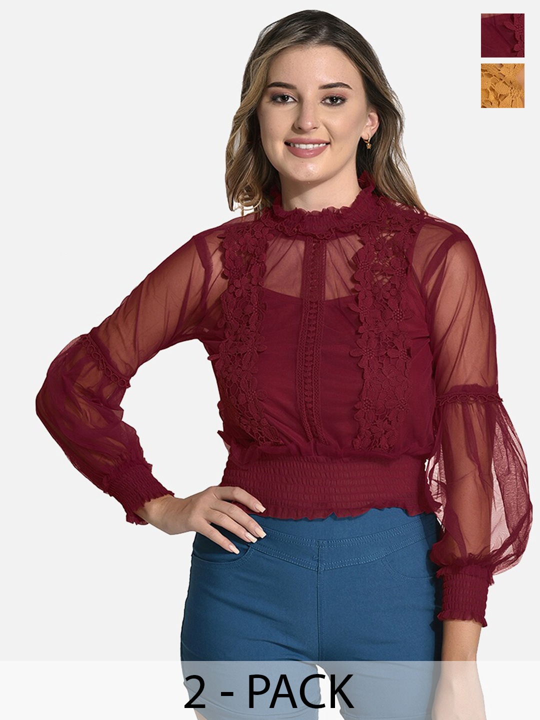 

FIMS Pack Of 2 Self Design High Neck Bishop Sleeves Ruffles Net Blouson Top, Orange