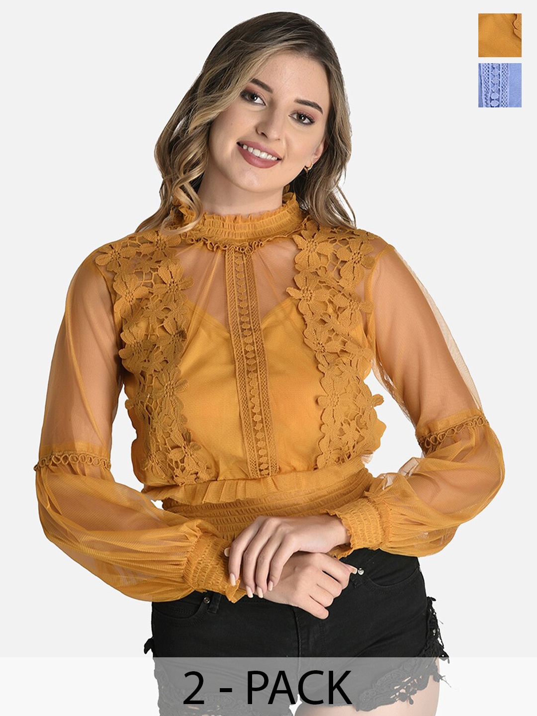

FIMS Pack Of 2 Self Design High Neck Bishop Sleeves Ruffles Net Blouson Top, Orange