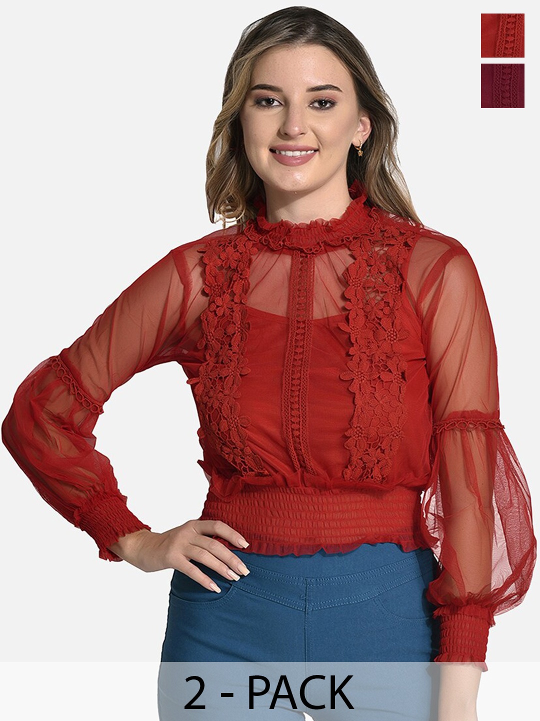 

FIMS Pack Of 2 Embellished High Neck Long Sleeves Top, Red