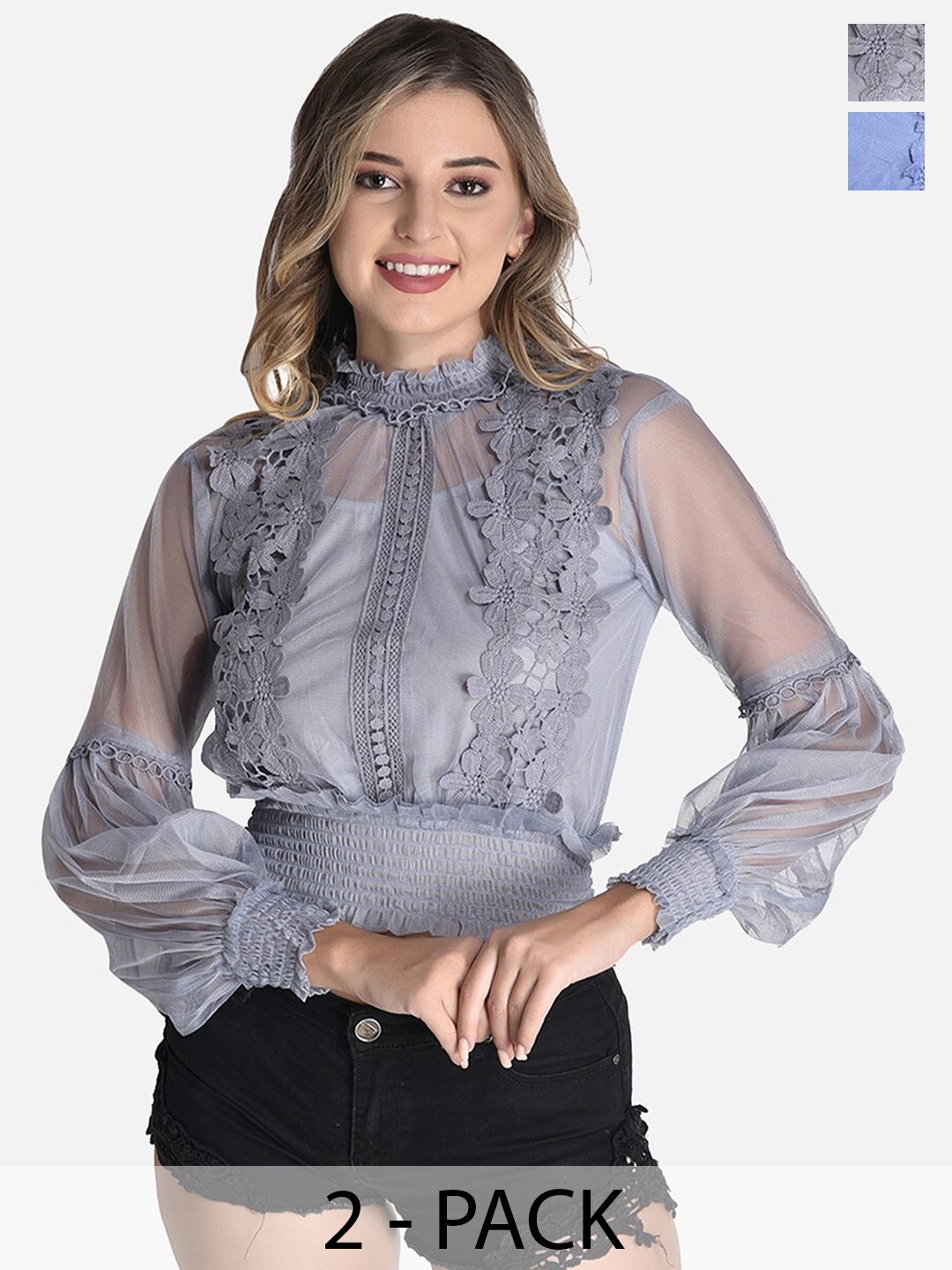 

FIMS Pack Of 2 Self Design High Neck Bishop Sleeves Ruffles Net Blouson Top, Grey