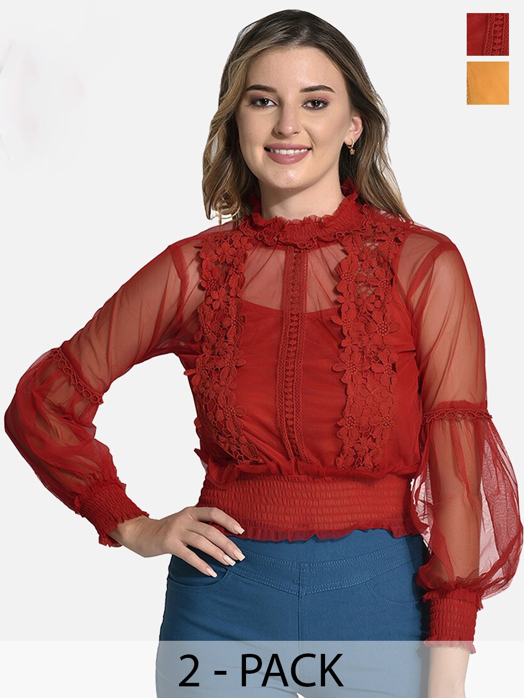 

FIMS Pack Of 2 Embellished High Neck Long Sleeves Top, Orange