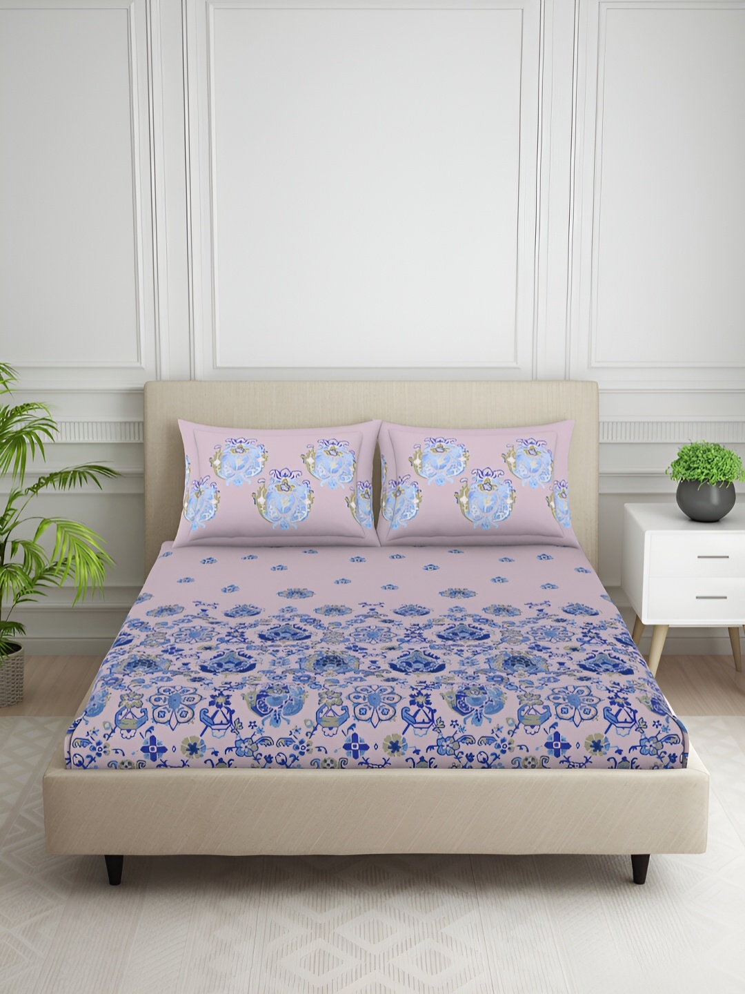 

SPACES Pink & Blue Ethnic Motifs Printed 144 TC Cotton Queen Bedsheet with 2 Pillow Covers