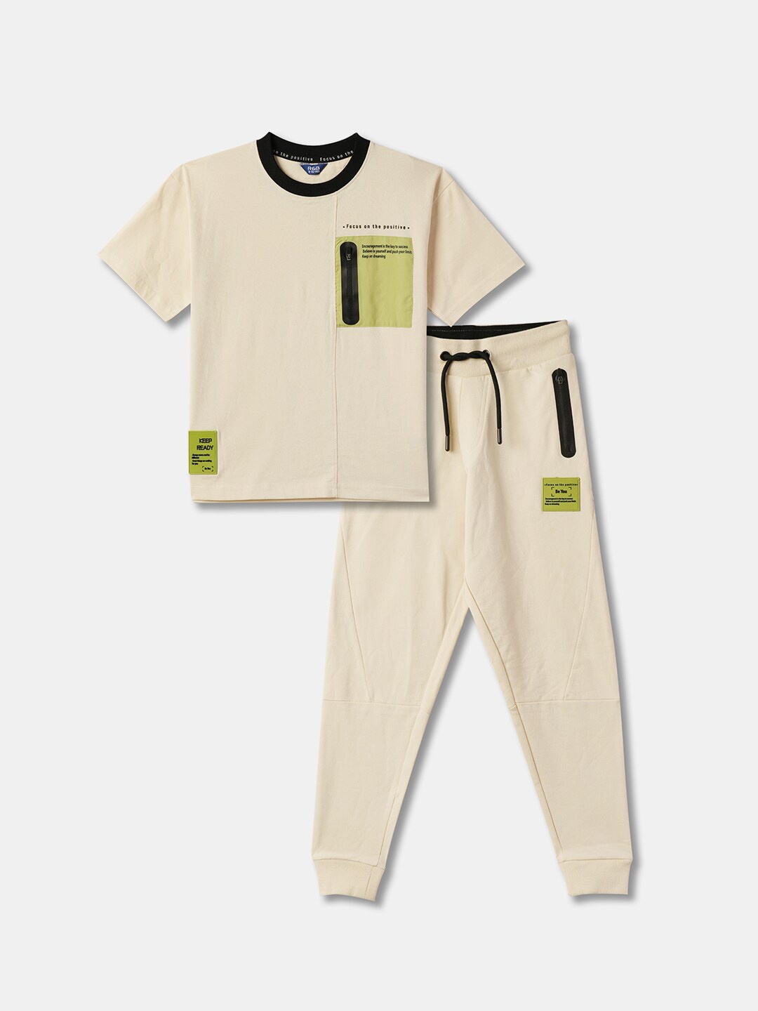 

R&B Boys Printed Round Neck Pure Cotton T-shirt with Pyjamas, Beige