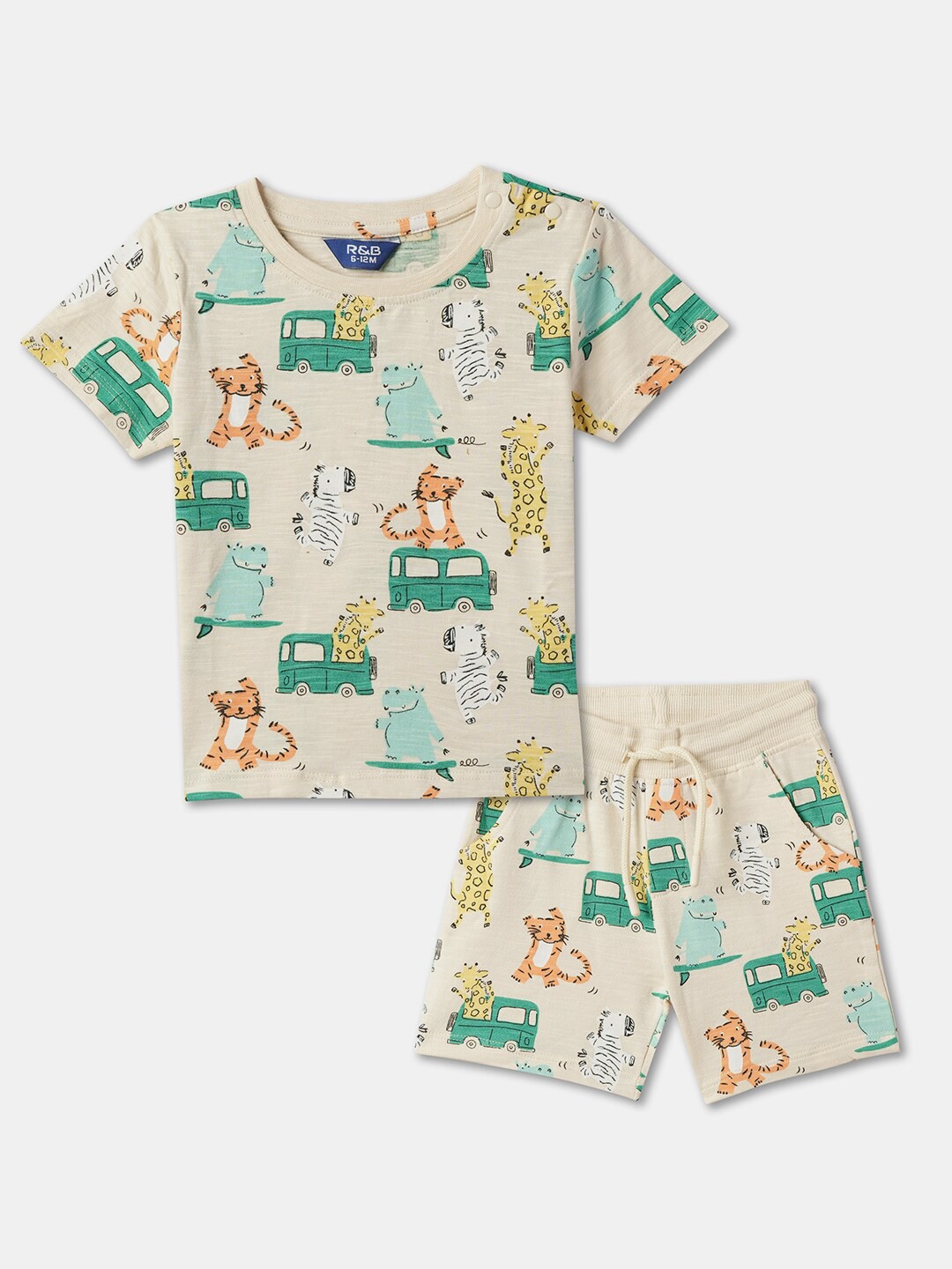

R&B Boys Printed Round Neck Pure Cotton T-shirt with Shorts, Beige