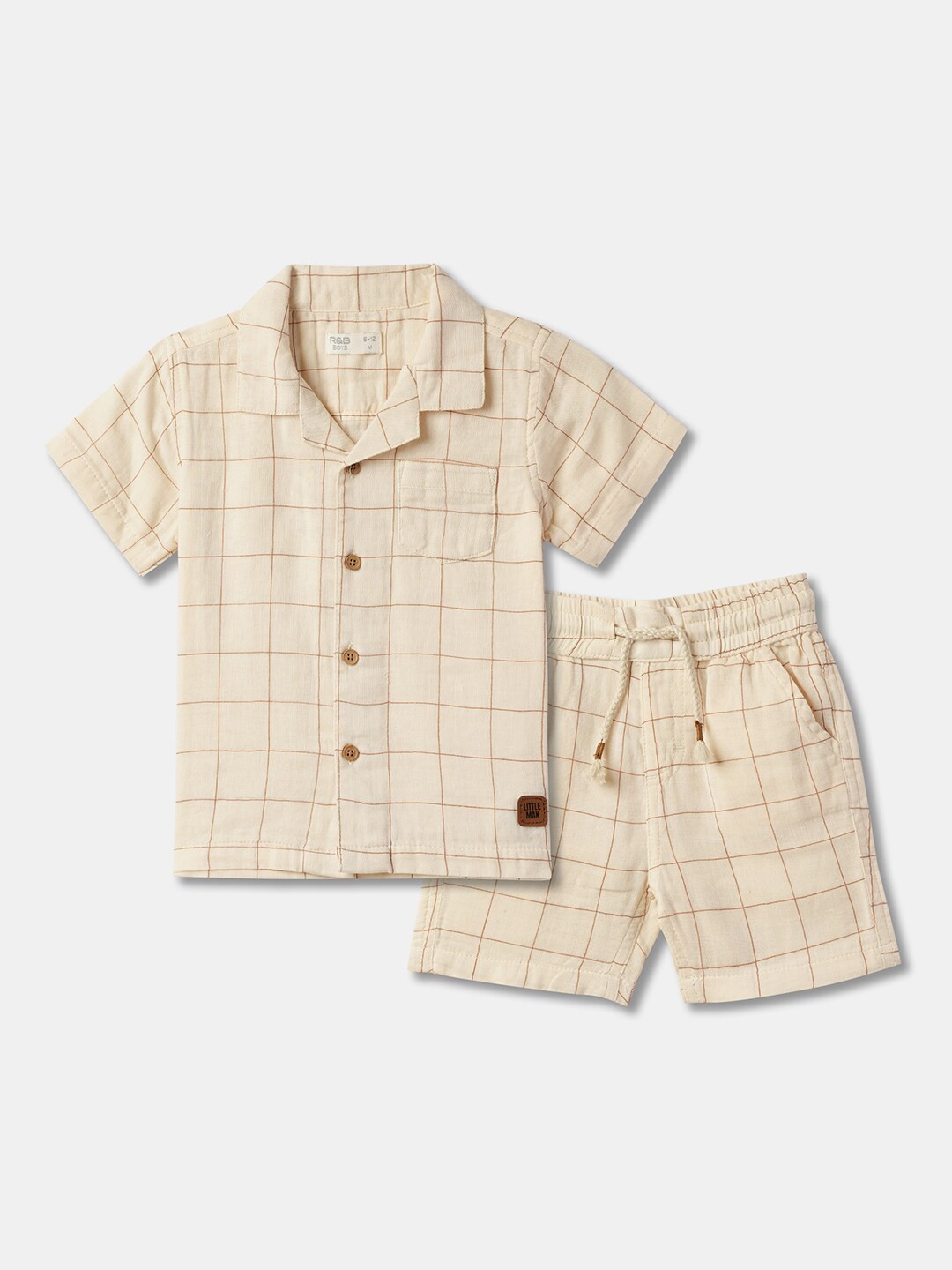 

R&B Boys Checked Shirt Collar Pure Cotton Shirt with Shorts, Beige