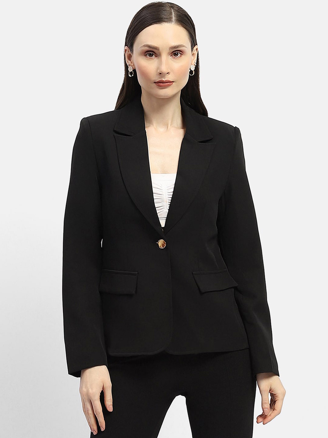 

Madame Women Notched Lapel Single Breasted Casual Blazer, Black